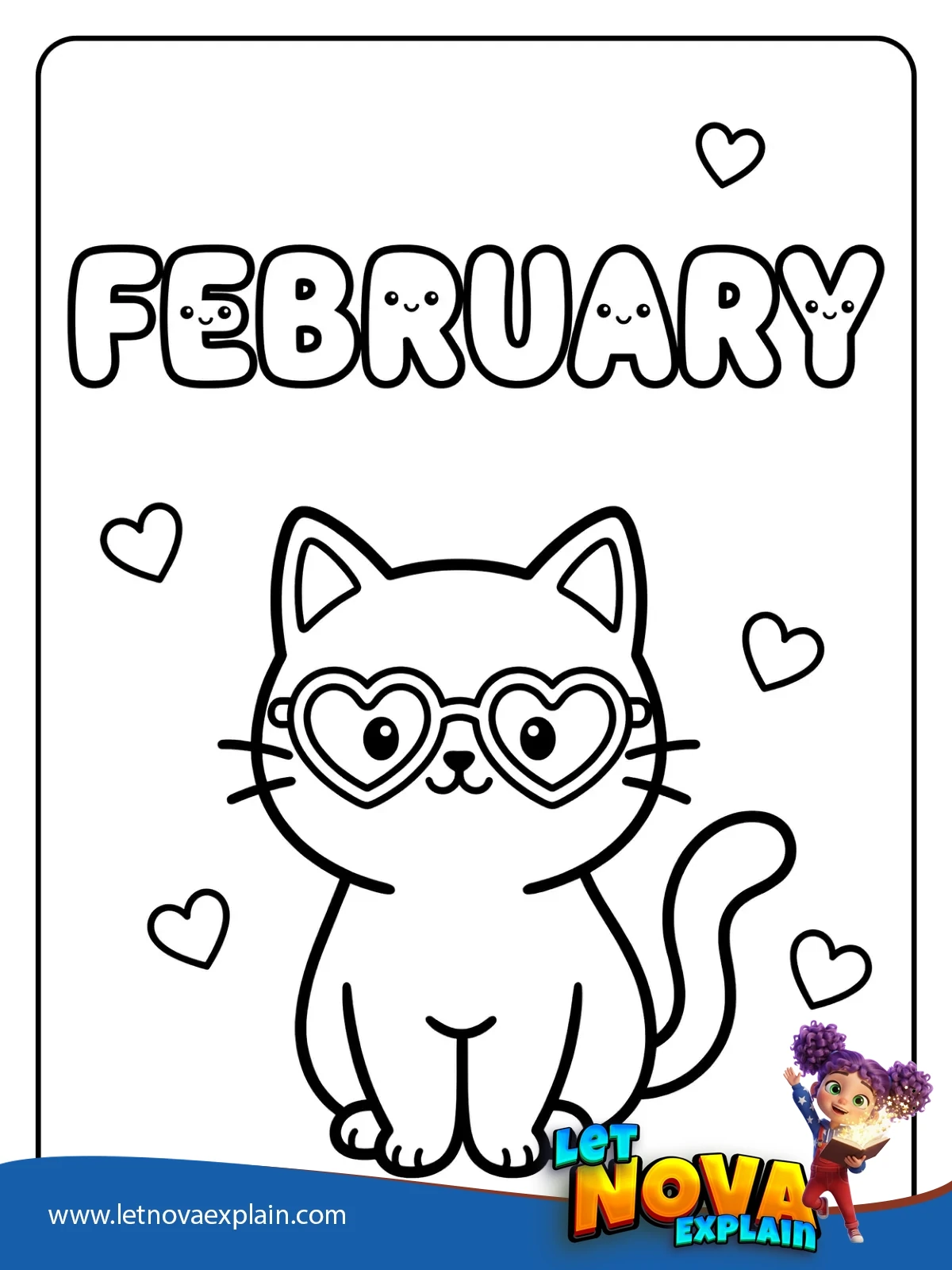 FEBRUARY Heart Shaped Glasses Kawaii coloring — Printable PDF