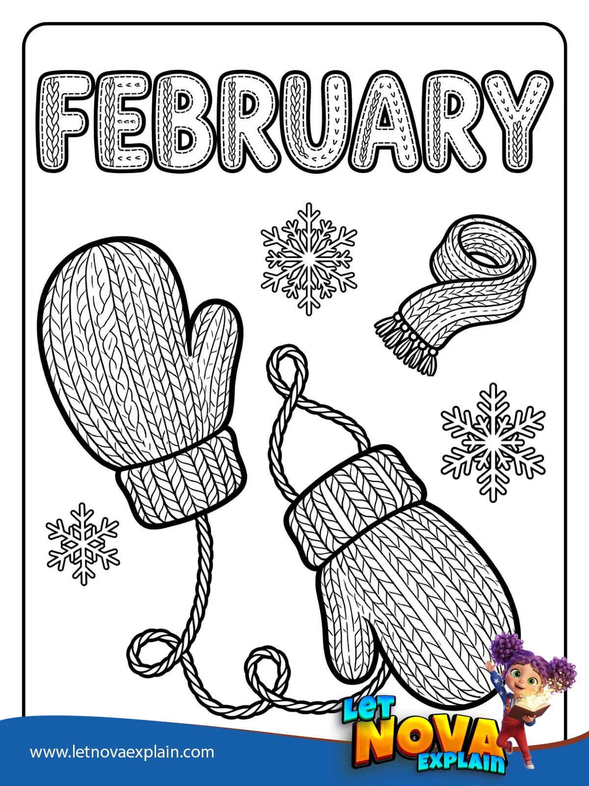 FEBRUARY Knit Sweater Letters With Mittens coloring — Printable PDF