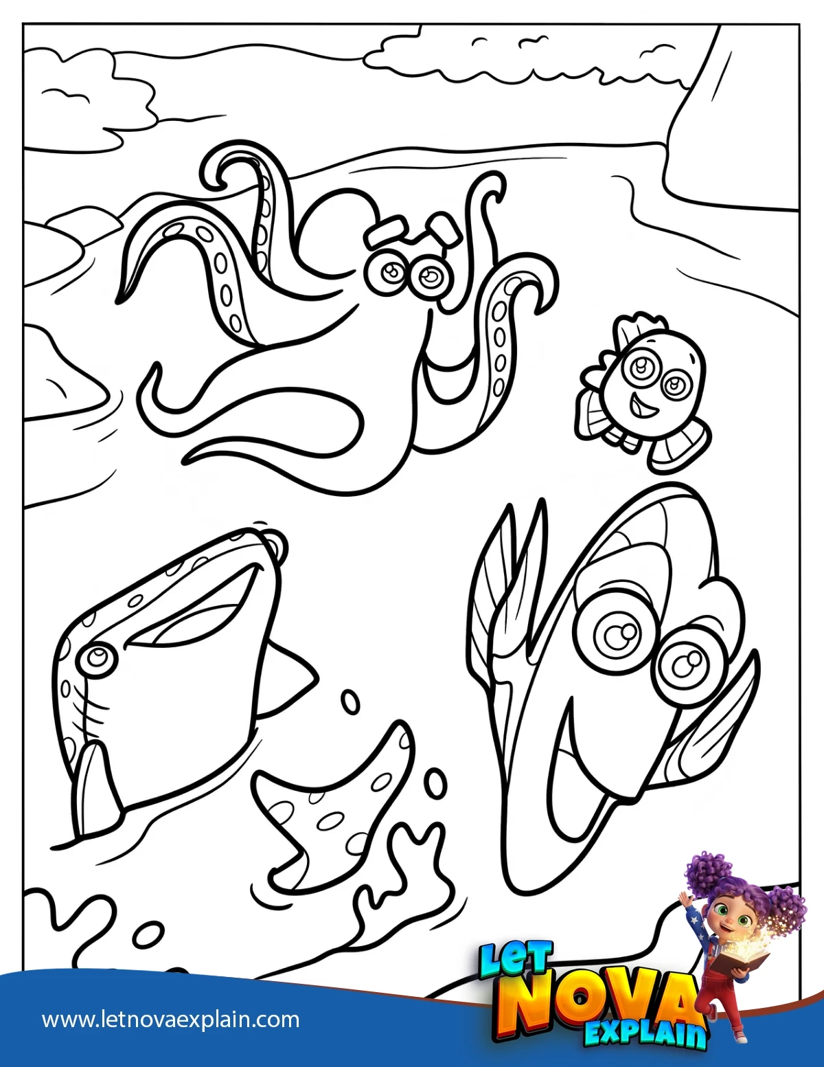 Finding Dory Swimming With Nemo Hank And Destiny Coloring Page — PDF stampabile