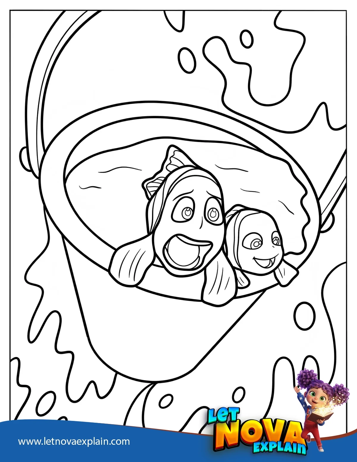 Marlin And Nemo Being Scooped Up In A Bucket — Coloring page