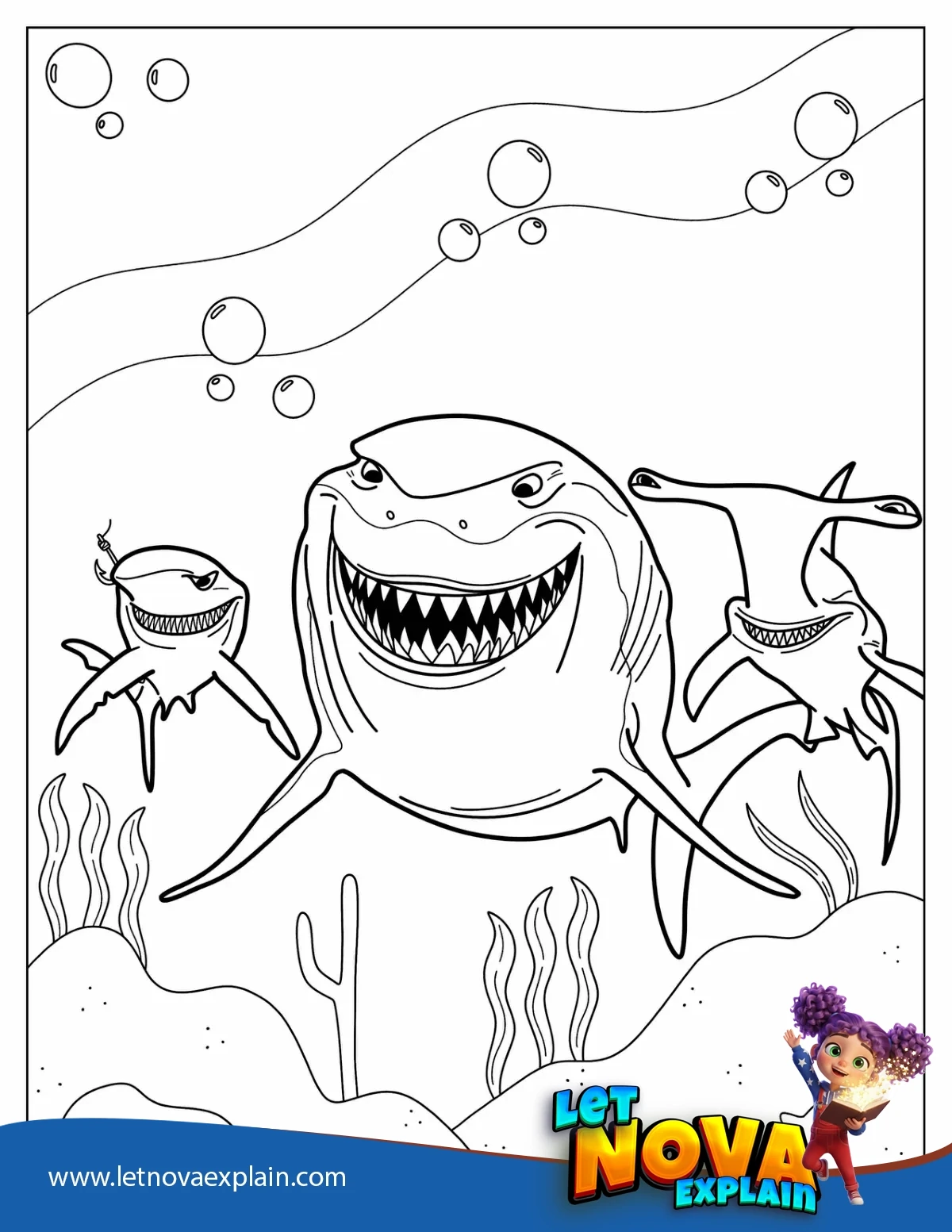 Sharks From Finding Nemo Bruce Anchor And Chum To Color — Coloring page