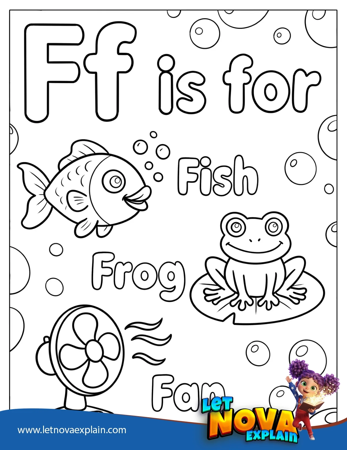 Adorable Letter F with Frog Fish and Fan Coloring Page for Kids — Printable PDF