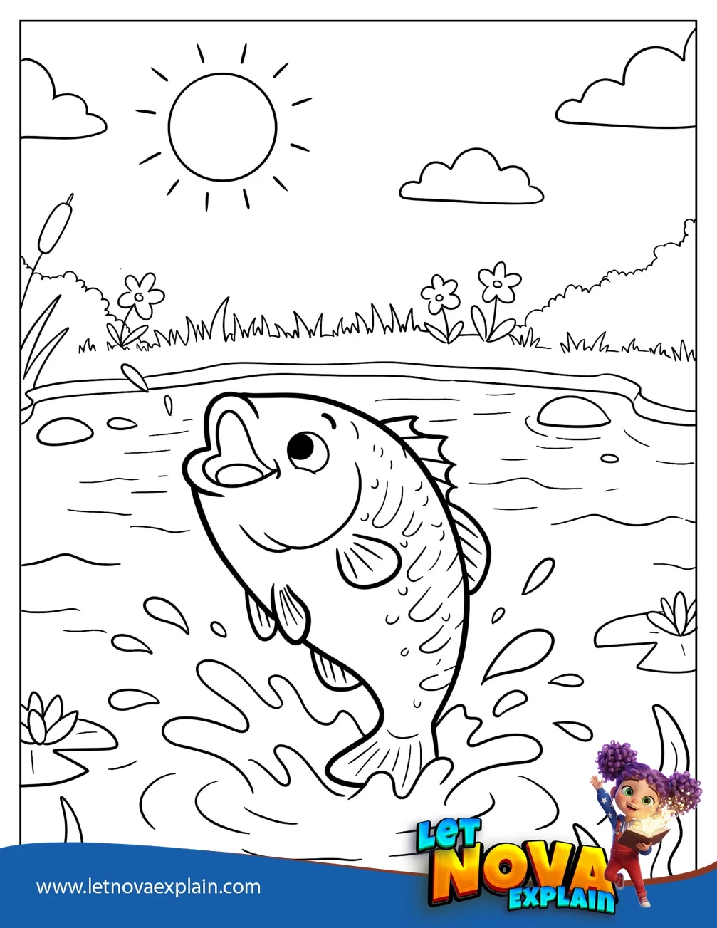 Bass Fish Jumping in a Sunny Lake Coloring Sheet — Printable PDF
