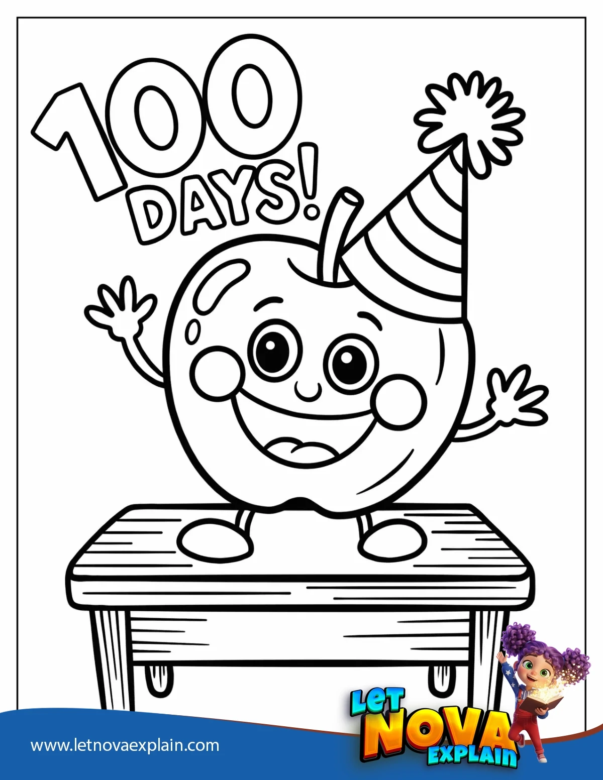 100 Days Apple with Party Hat on Desk Coloring Page for Kids — Page de coloriage