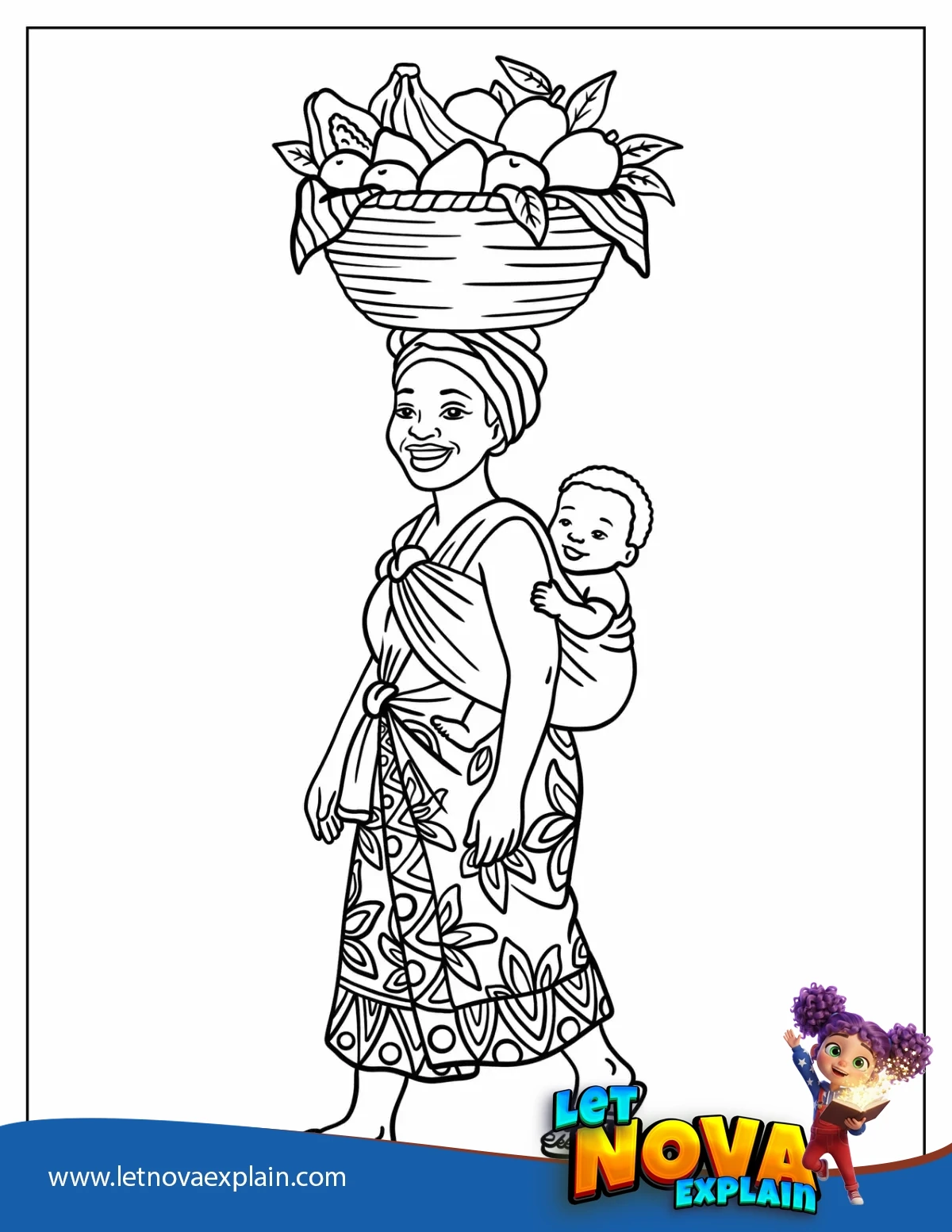 African Woman Carrying Fruit Basket with Baby on Her Back Coloring Page for Kids — Page de coloriage