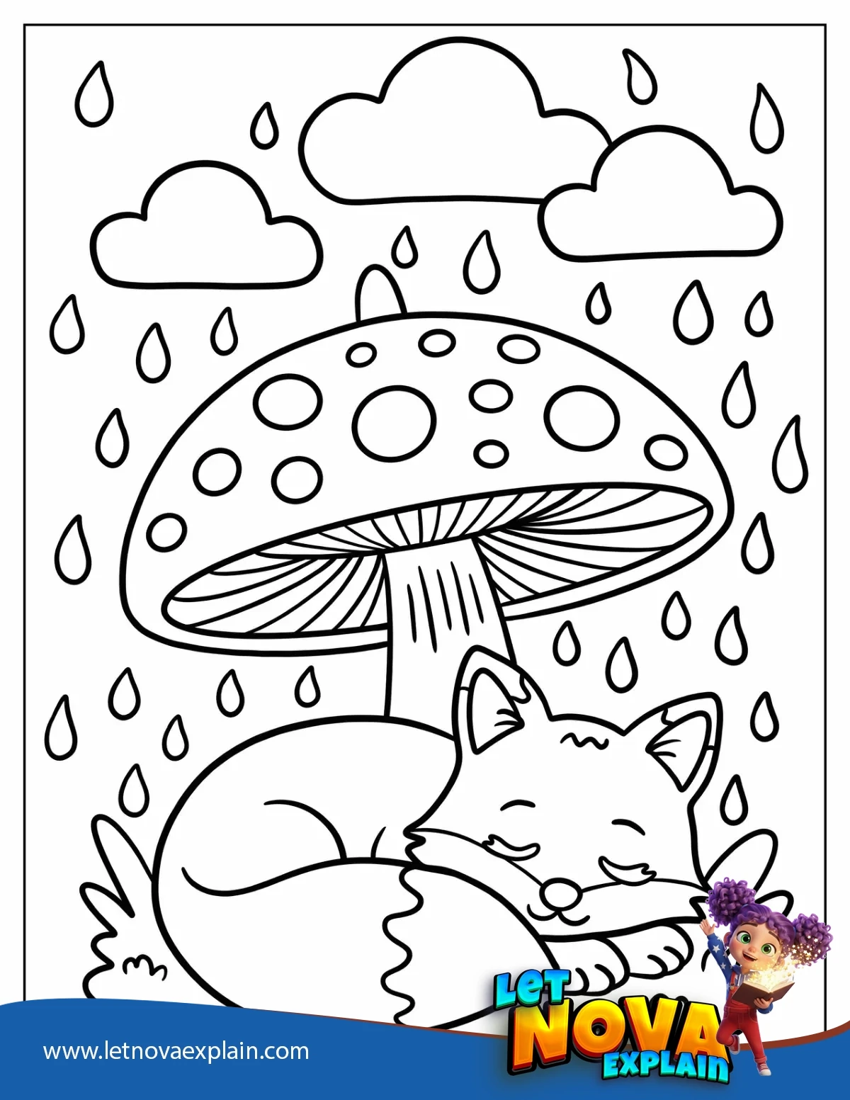 Baby Fox Sheltering From Rain Beneath a Giant Mushroom Coloring Sheet — Coloring page
