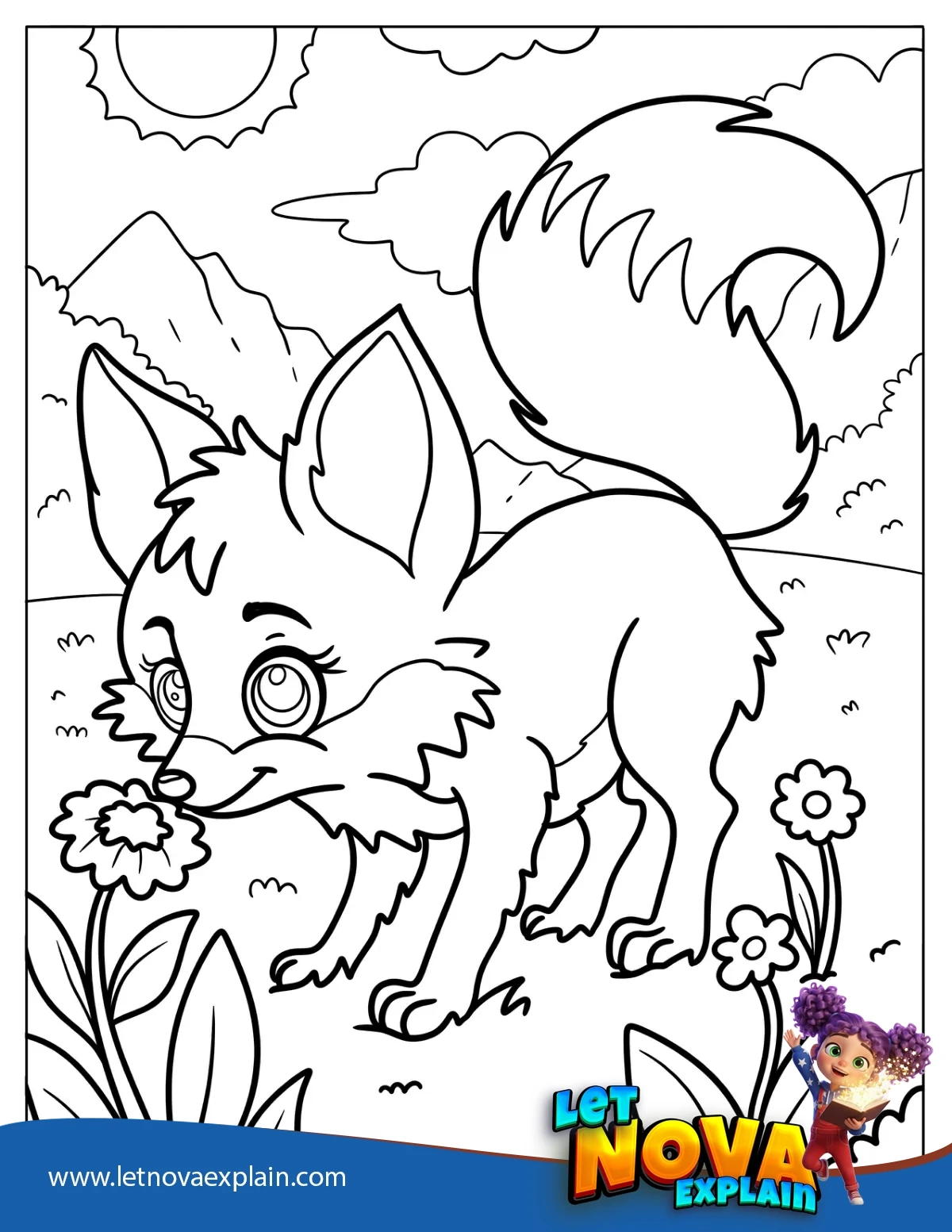 Beautiful Fox Smelling Flowers — Coloring page