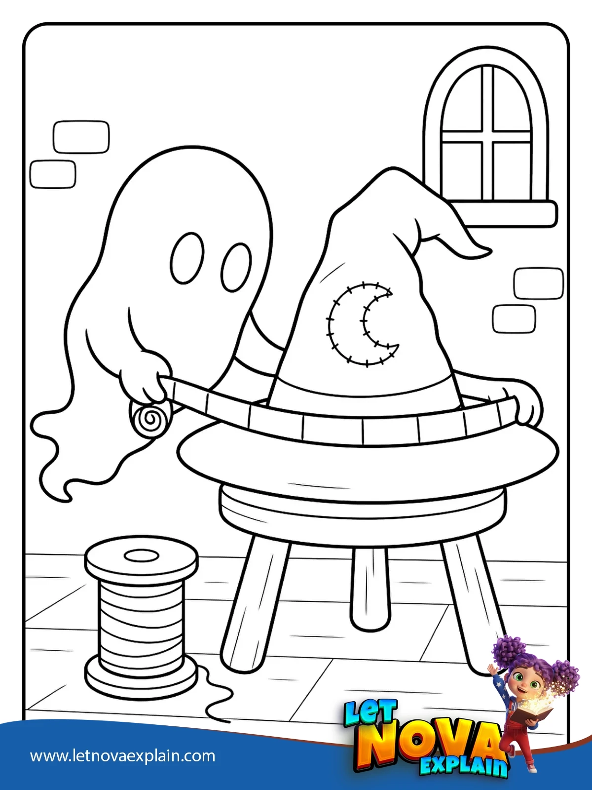Ghost measuring a witch hat coloring — Page de coloriage