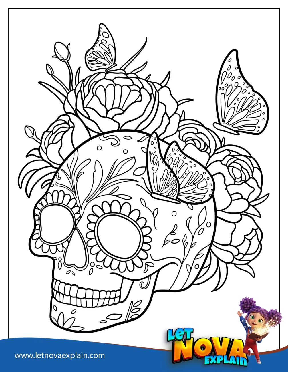 Angled View Of Sugar Skull With Butterflies And Plenty Of Roses Coloring Page — PDF stampabile