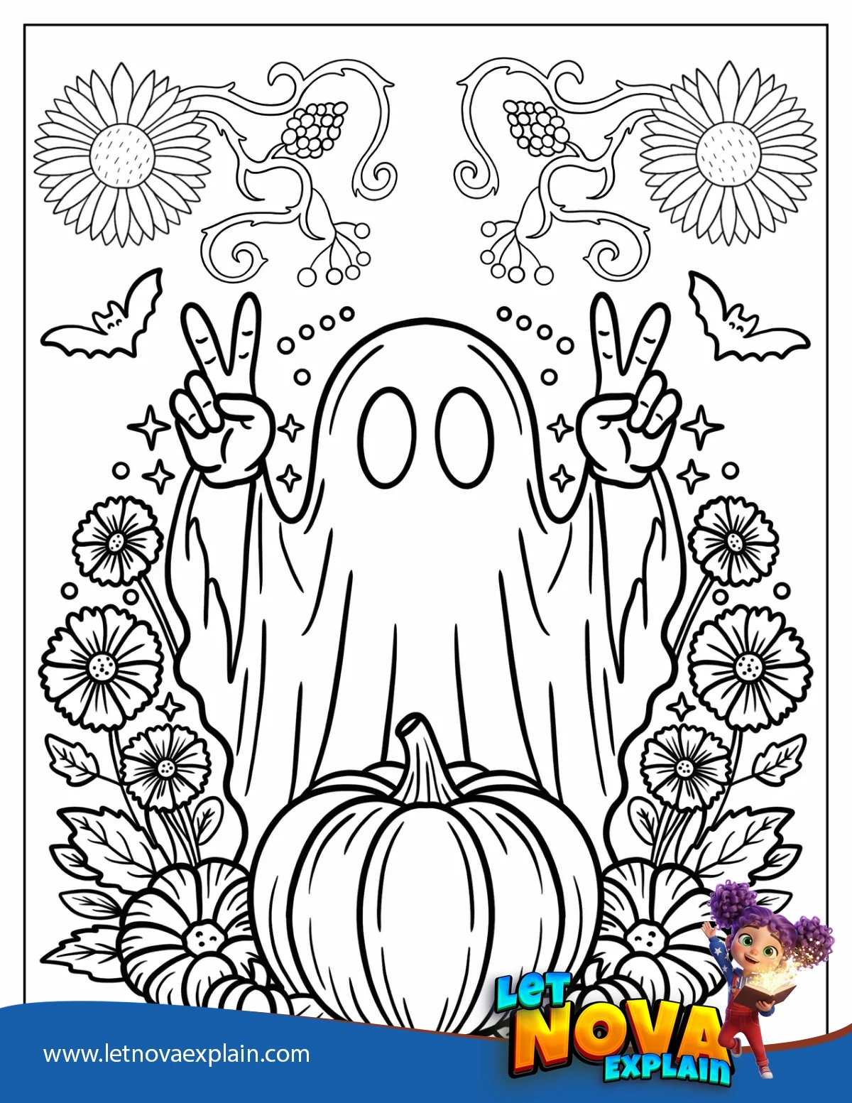 Autumn Ghost Making Peace Sign behind Large Pumpkin and Flowers Coloring Sheet for Adults — PDF stampabile