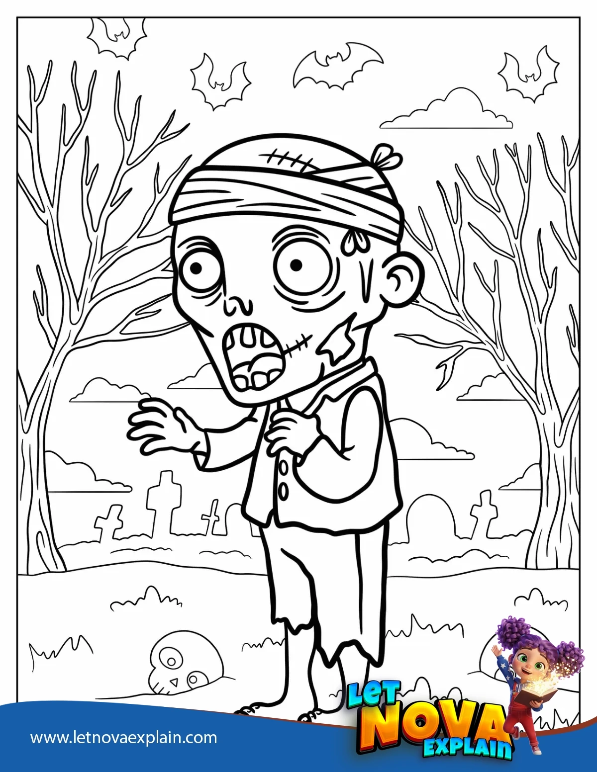Zombie With Bandages Walking Out Of A Graveyard Coloring Page — Coloring page
