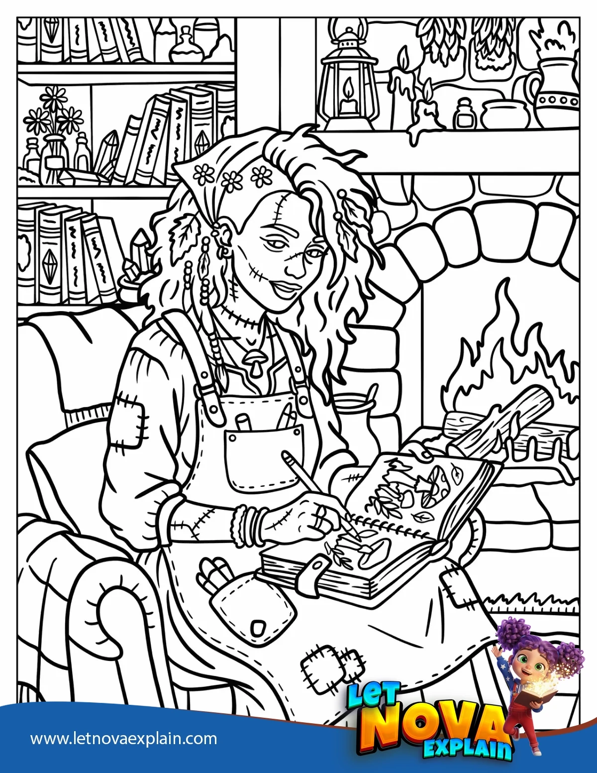 Zombie Woman Sketching Next to a Fireplace — Disegno da colorare