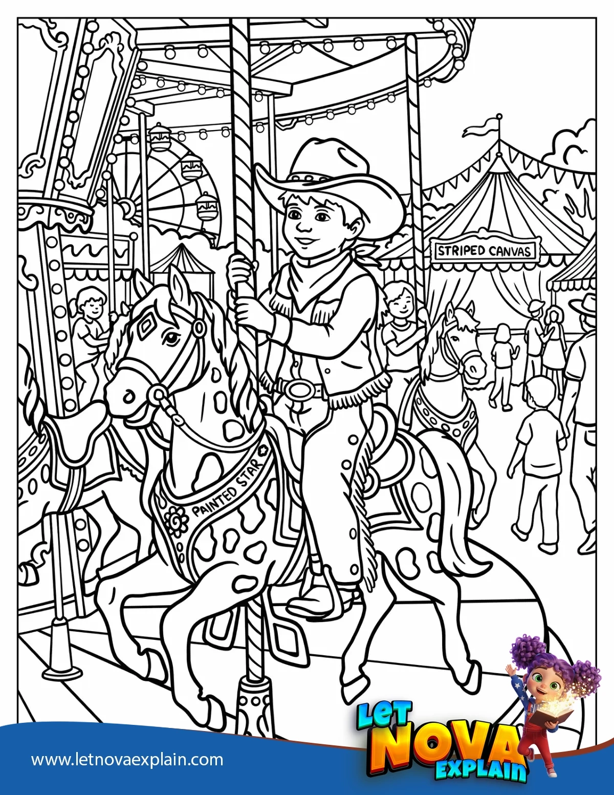 Cowboy Riding a Carousel Horse at a Fair Coloring Page — Printable PDF