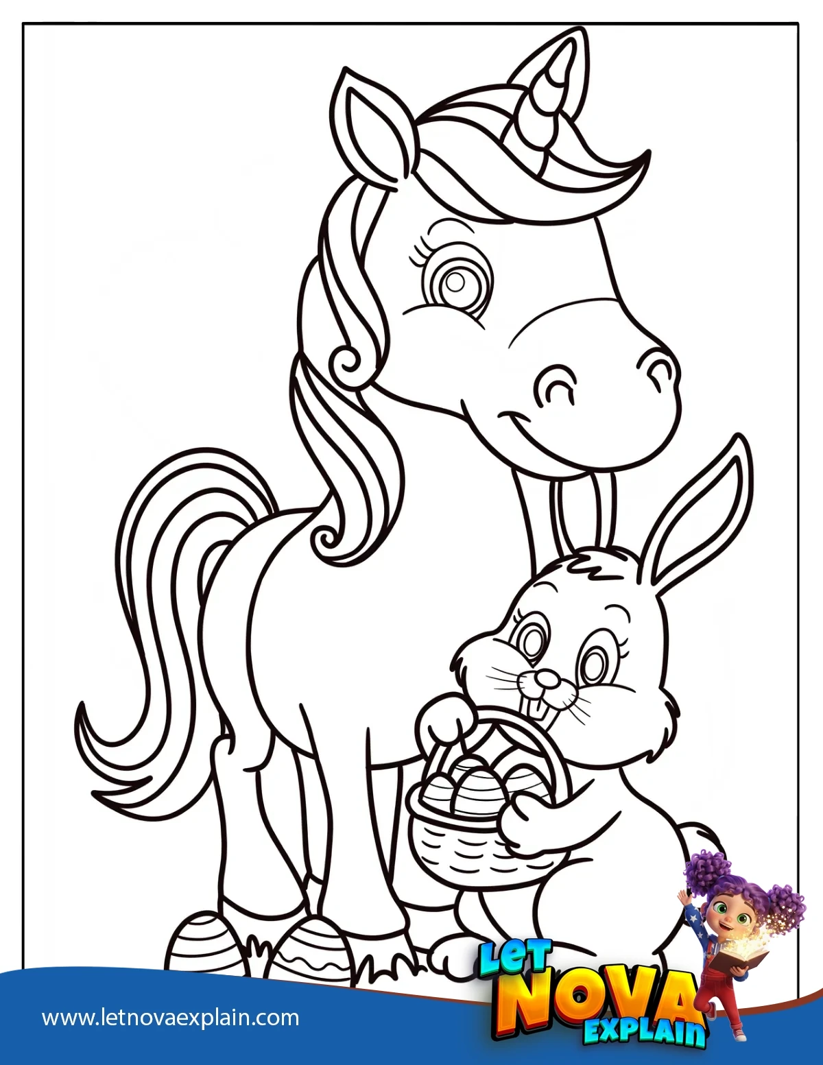 Easter Bunny With A Basket Of Easter Eggs Next To A Pony Coloring Page For Kids — Coloring page