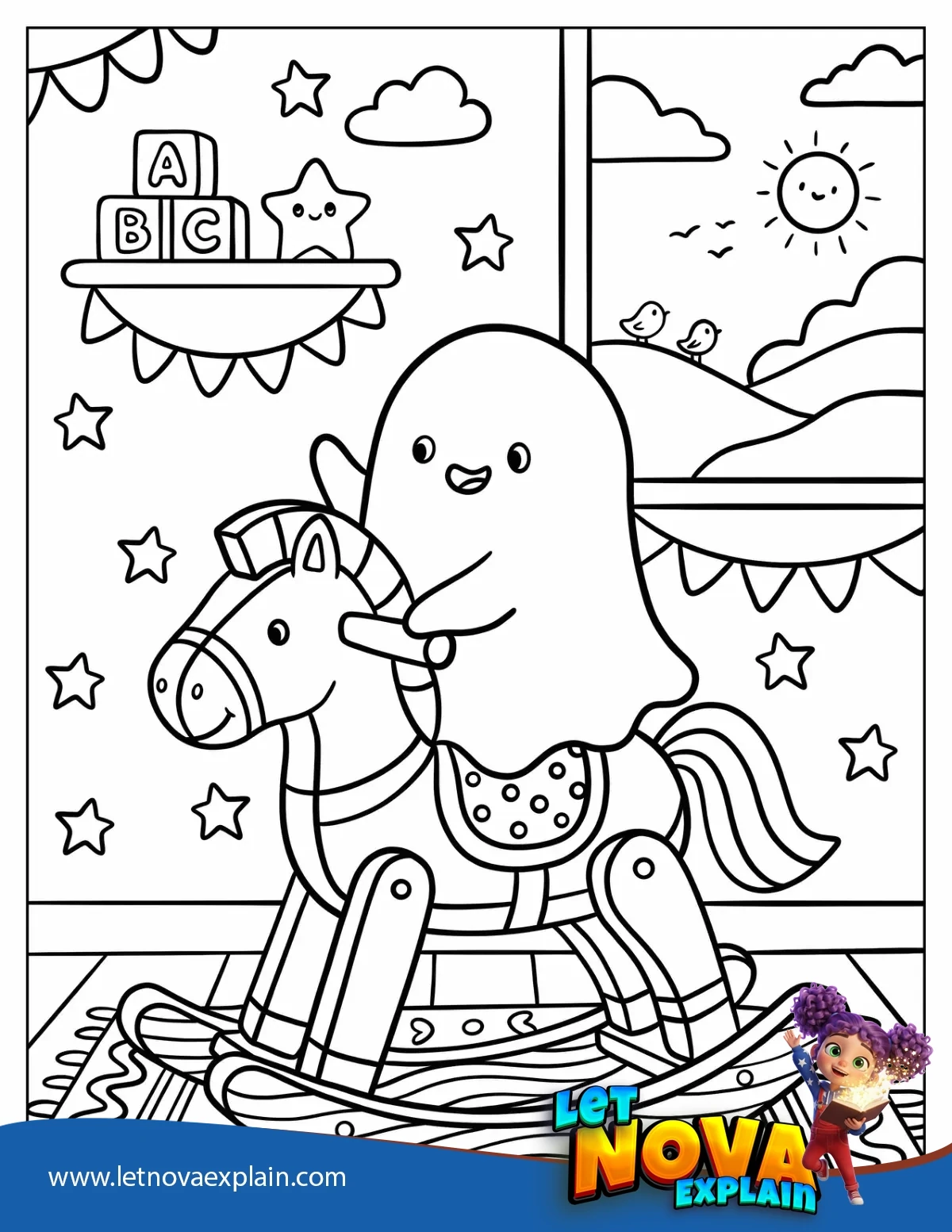 Ghost Riding a Toy Horse Coloring Page — Printable PDF