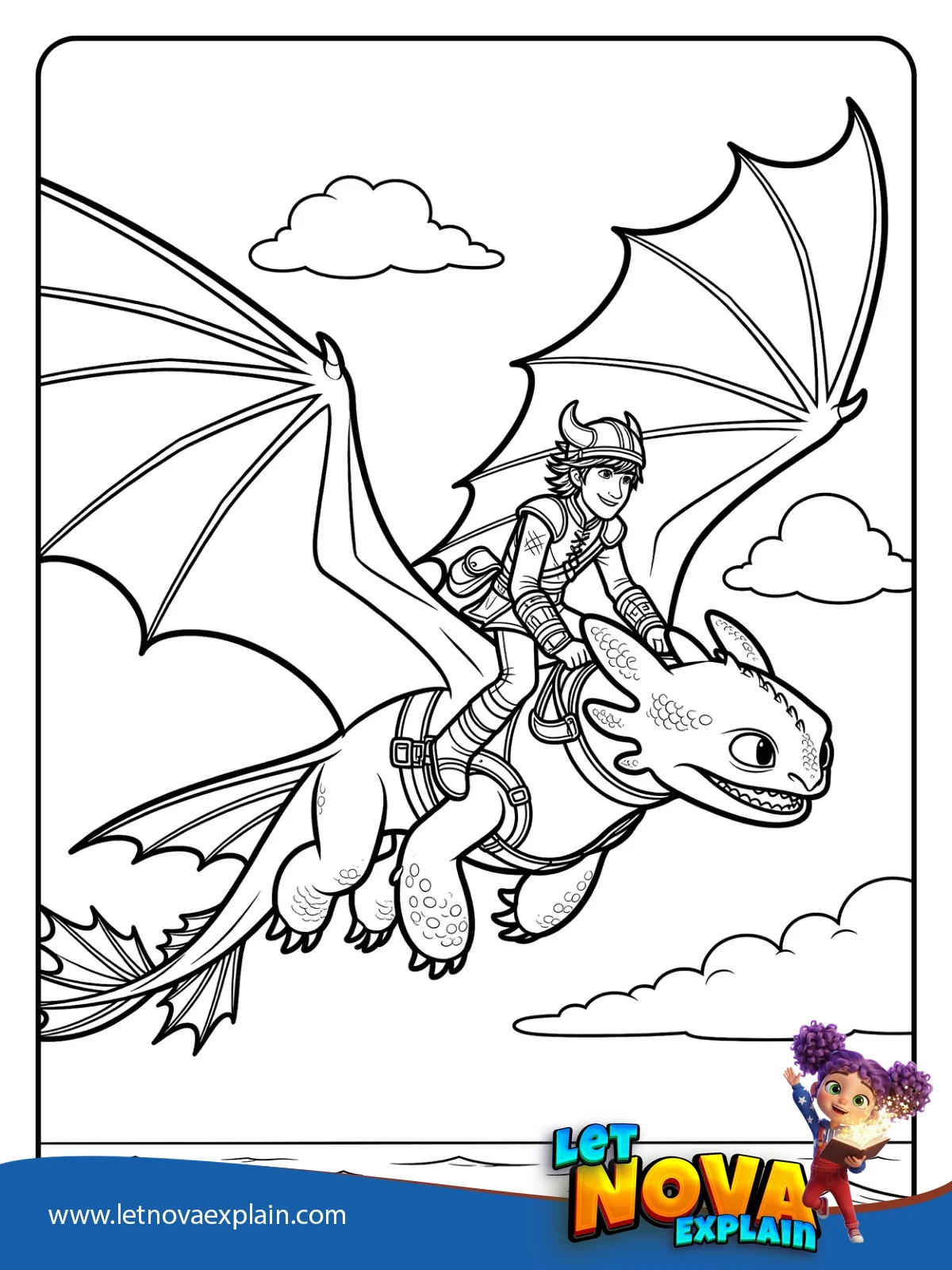Hiccup Riding Toothless coloring — Disegno da colorare