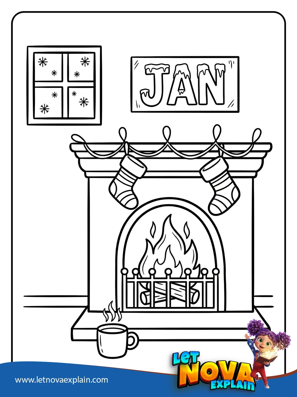 Fireplace With Frosted JAN coloring — Coloring page