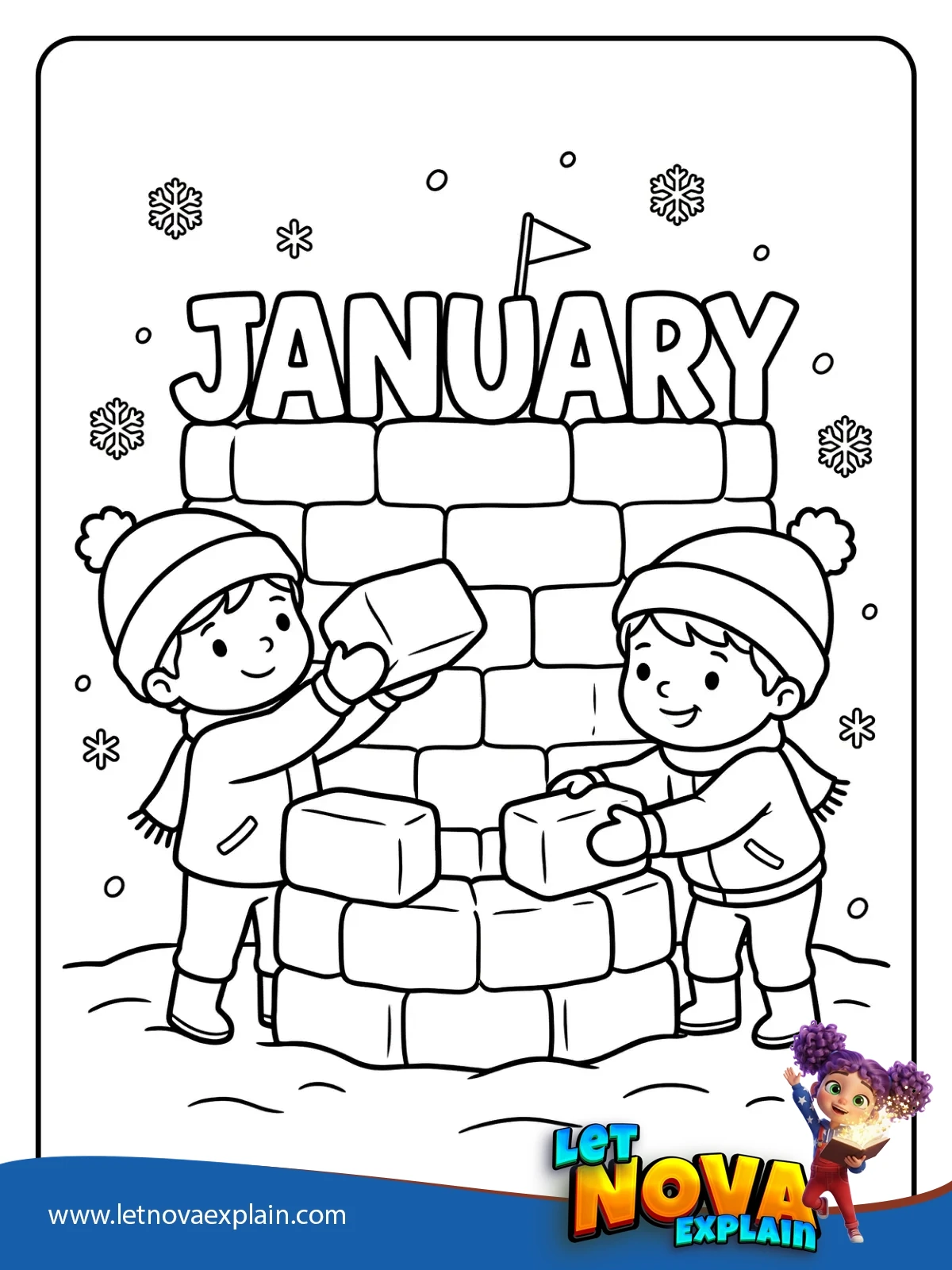 Snow Fort With Blocky Snow JANUARY coloring — Printable PDF