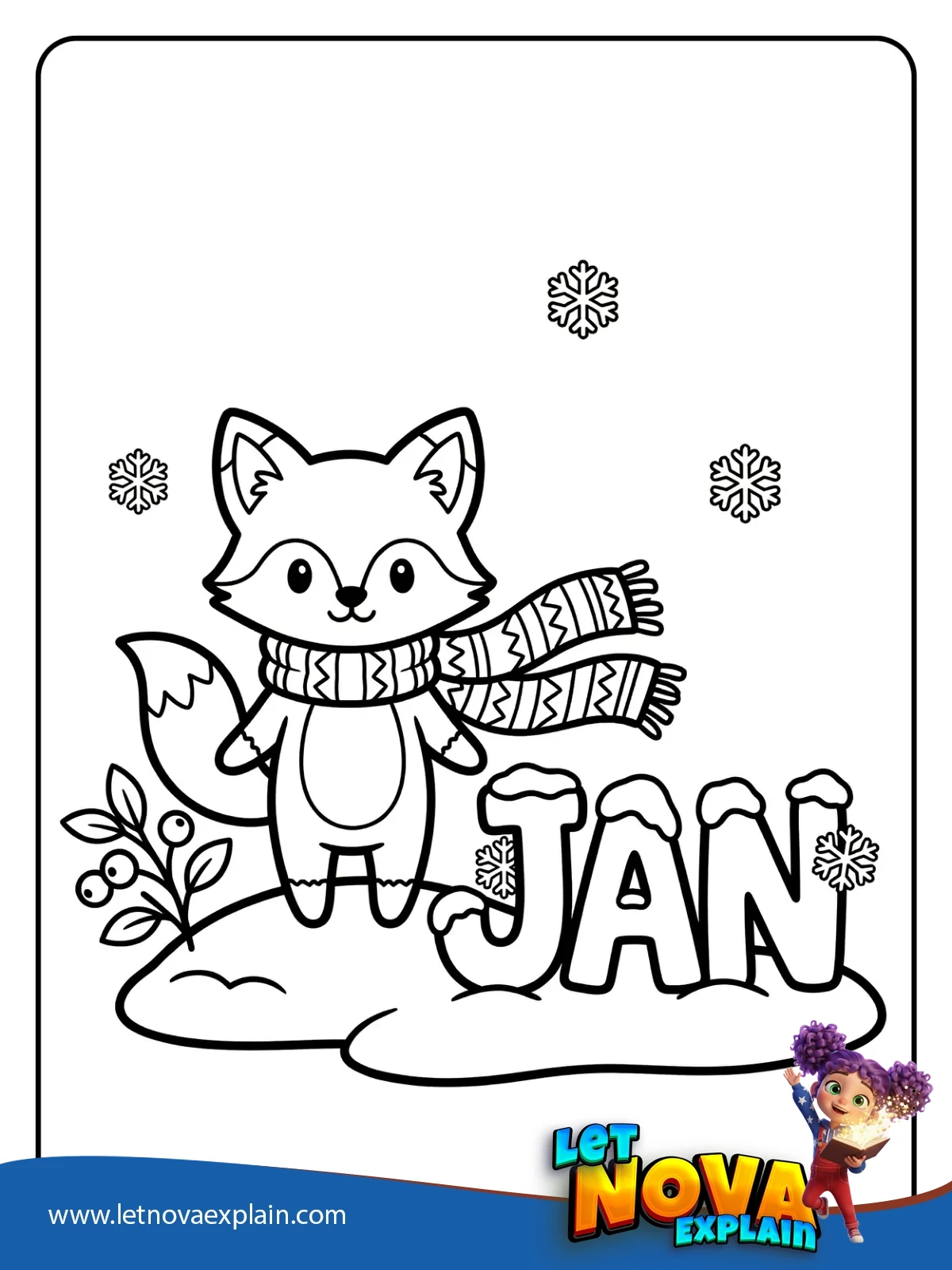 Winter Fox With Snowy JAN coloring — Printable PDF