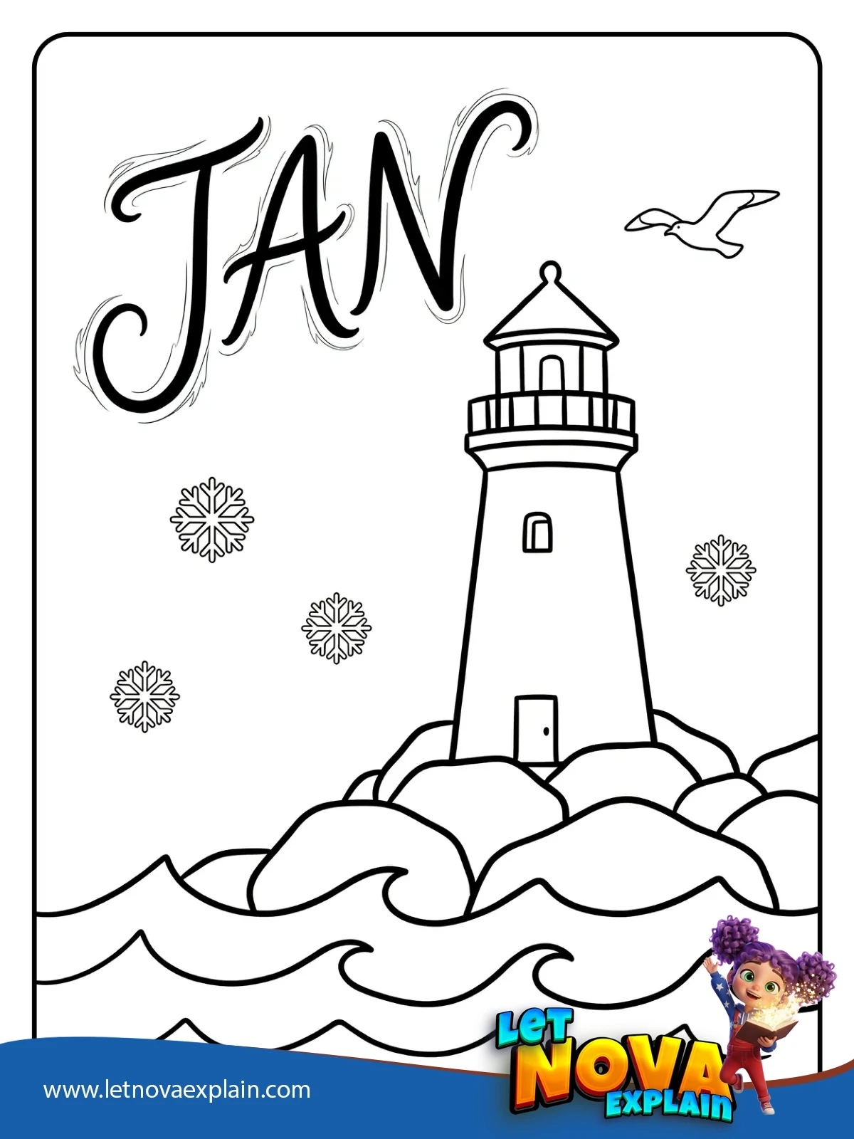 Winter Lighthouse With Windy JAN coloring — Printable PDF