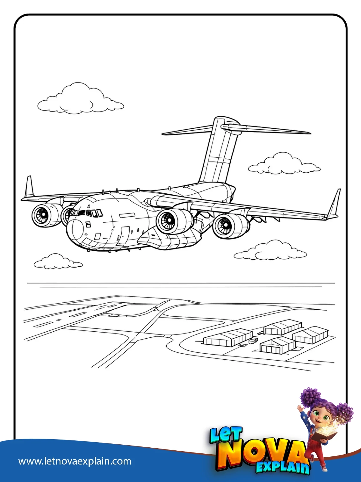 C 17 Cargo Jet Over an Airfield coloring — Coloring page