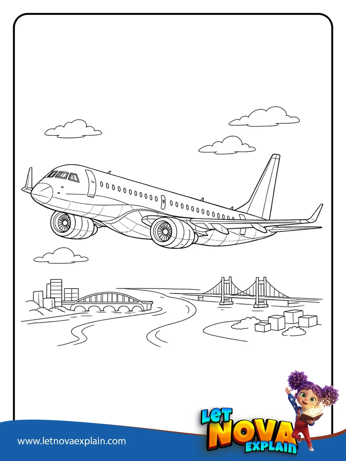Embraer E195 E2 Over a River City coloring — Coloring page