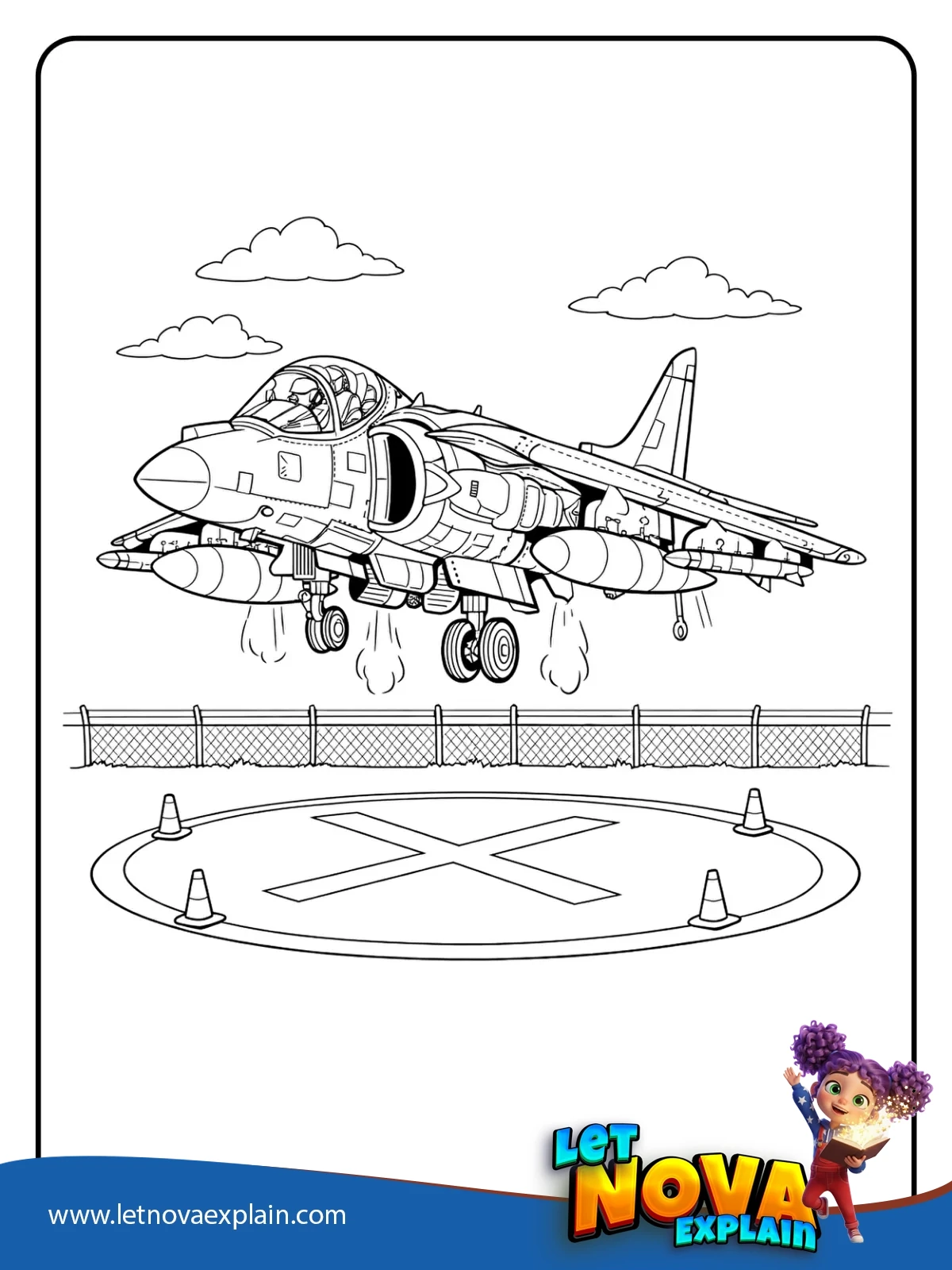 Harrier Hovering Near a Pad coloring — PDF stampabile