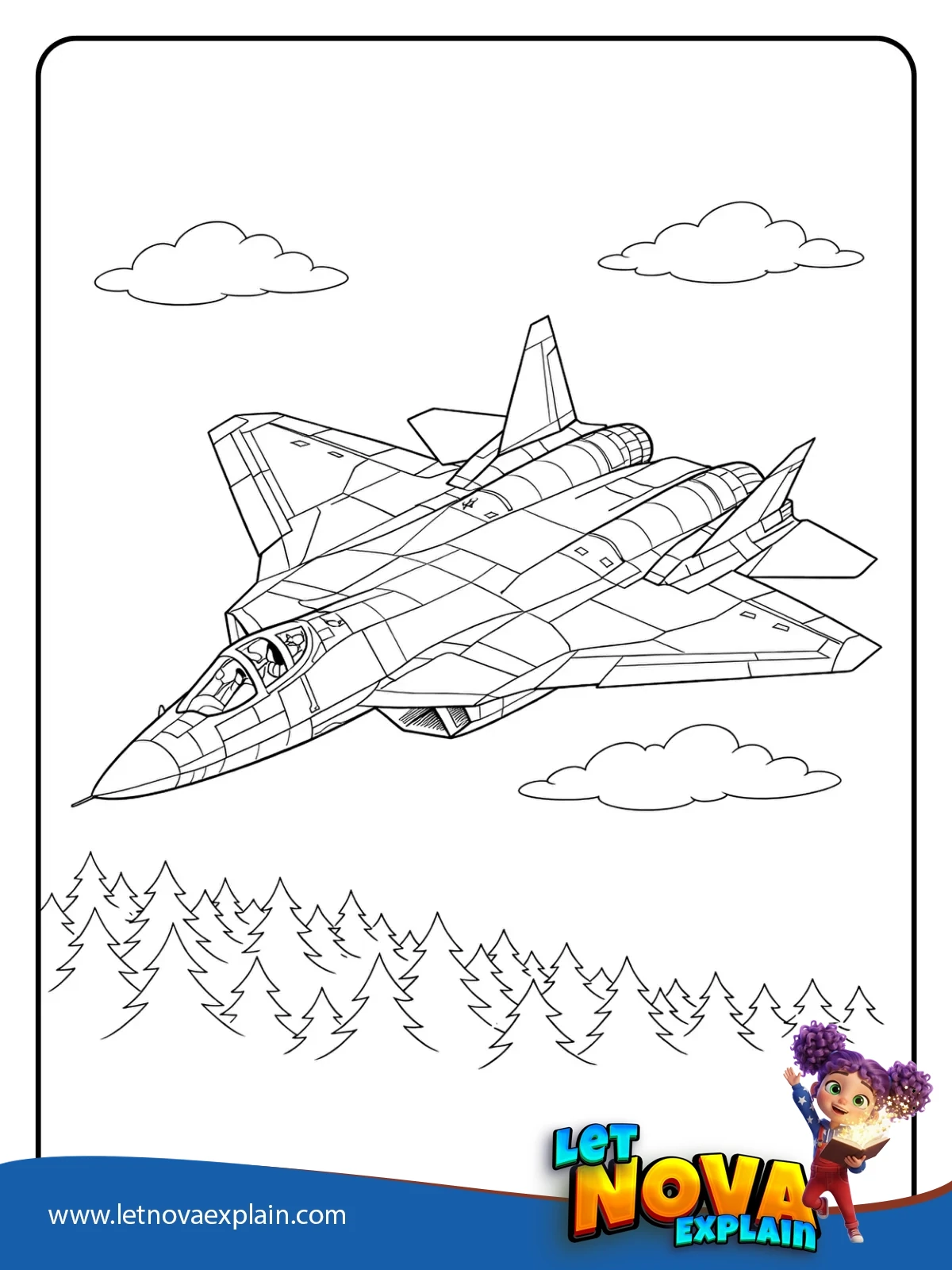 Su 57 Over a Pine Forest coloring — PDF stampabile