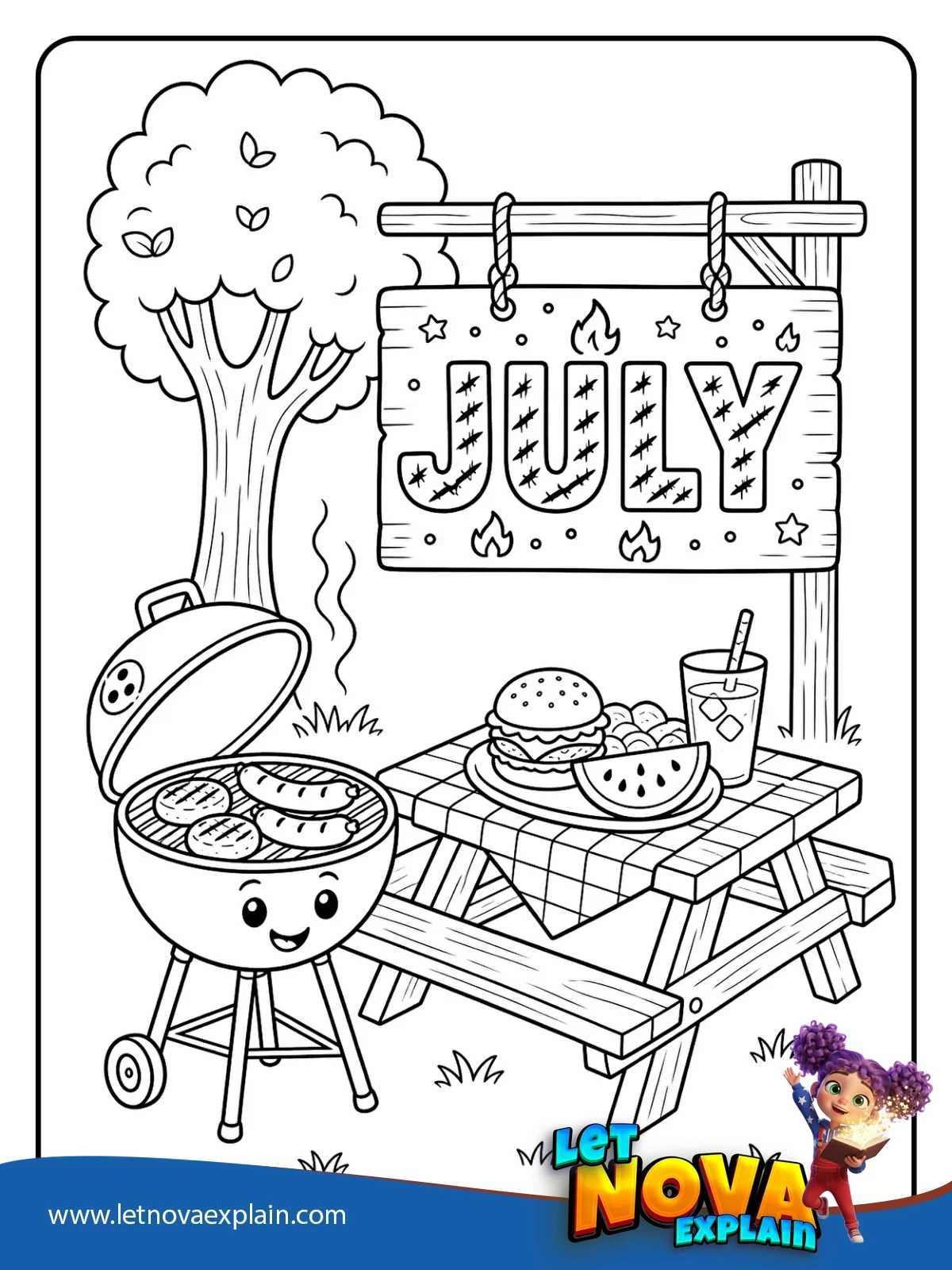 JULY Backyard Grill coloring — Coloring page