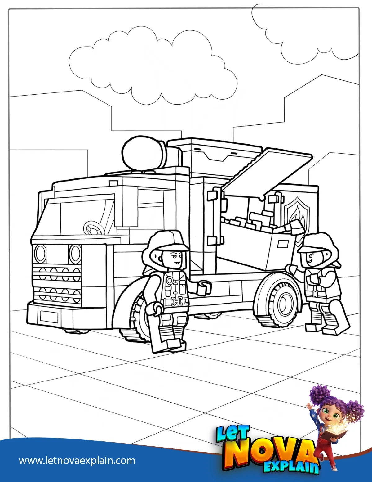 Coloring Page Of Lego Fire Truck With Firefighters — Coloring page