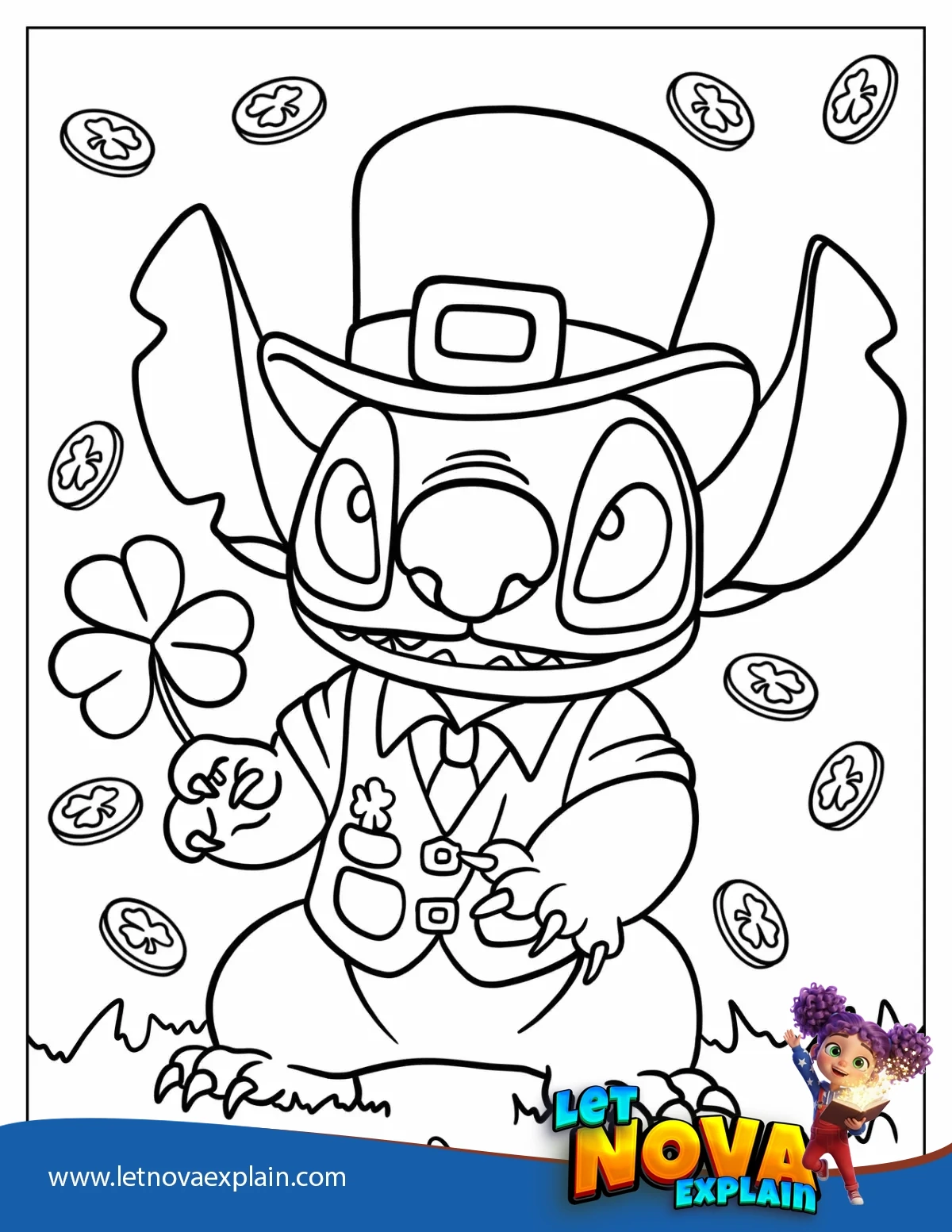 Cute Stitch Dressed As A Leprechaun Coloring Page For Preschoolers — PDF imprimable