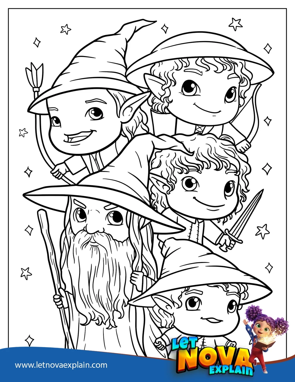 Chibi Gandalf With Hobbits Coloring Page For Preschoolers — Coloring page