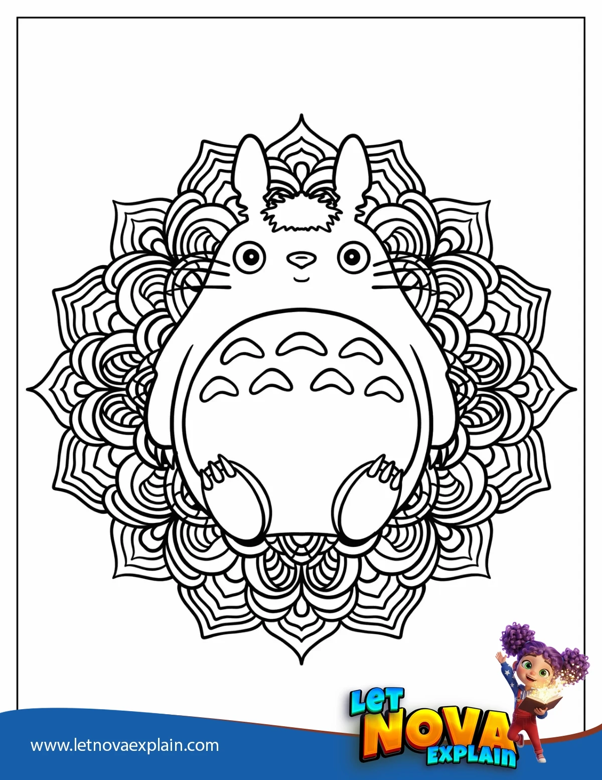 Adorable Totoro In The Middle Of A Flower Mandala — Printable PDF