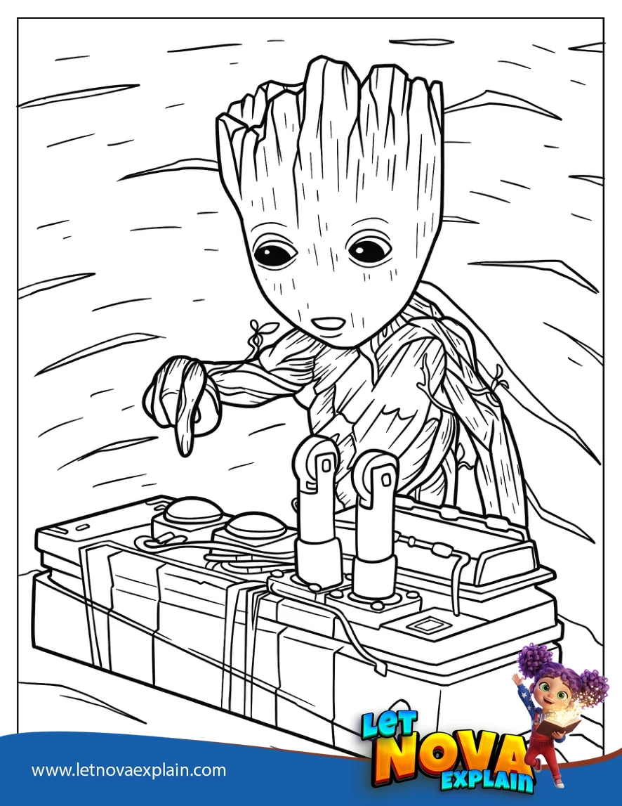 Baby Groot About To Press Button Coloring Page — Printable PDF