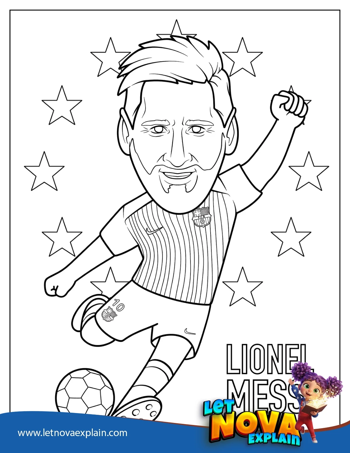 Easy Cartoon Lionel Messi Kicking Soccer Ball Coloring Sheet for Kids — Coloring page