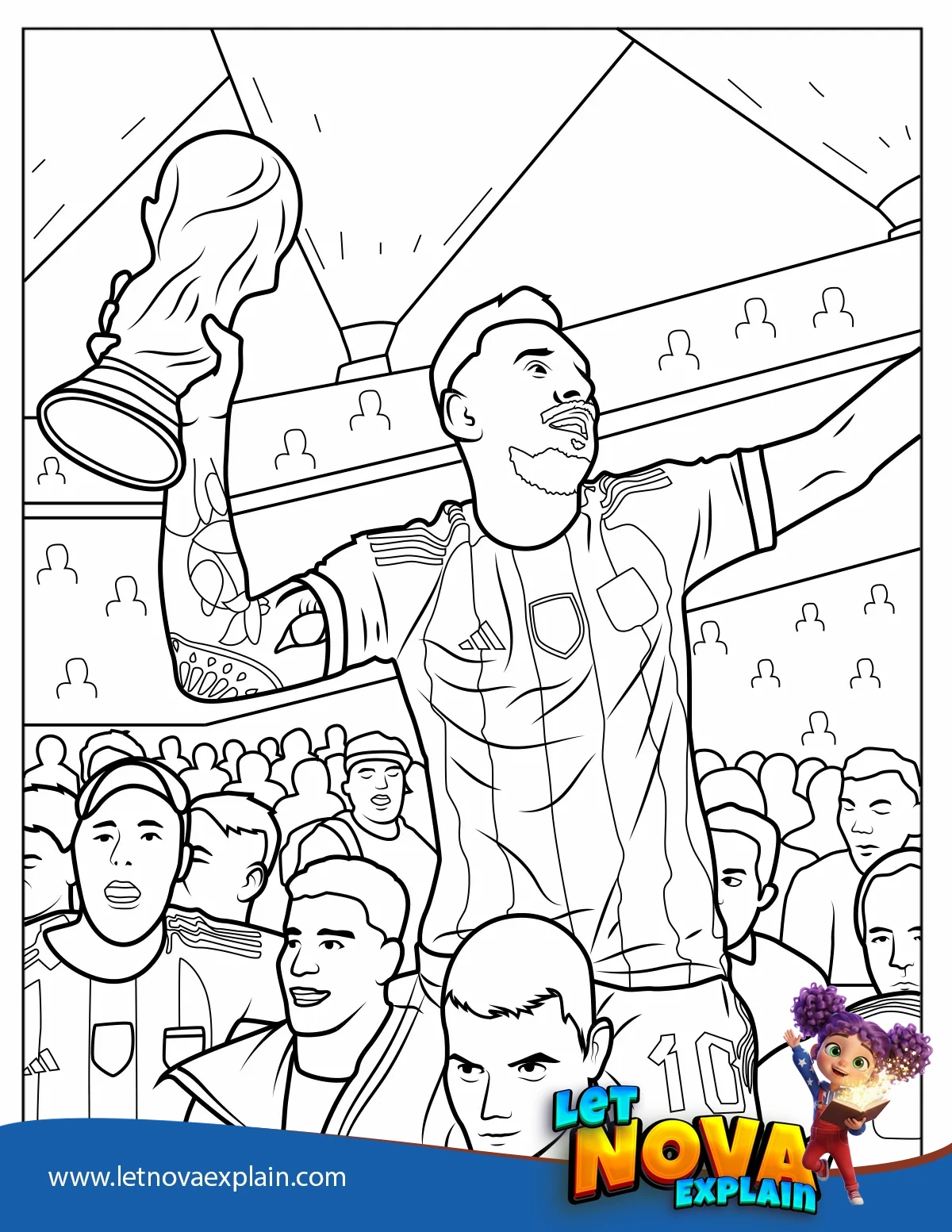 Lionel Messi Holding World Cup Trophy — Coloring page