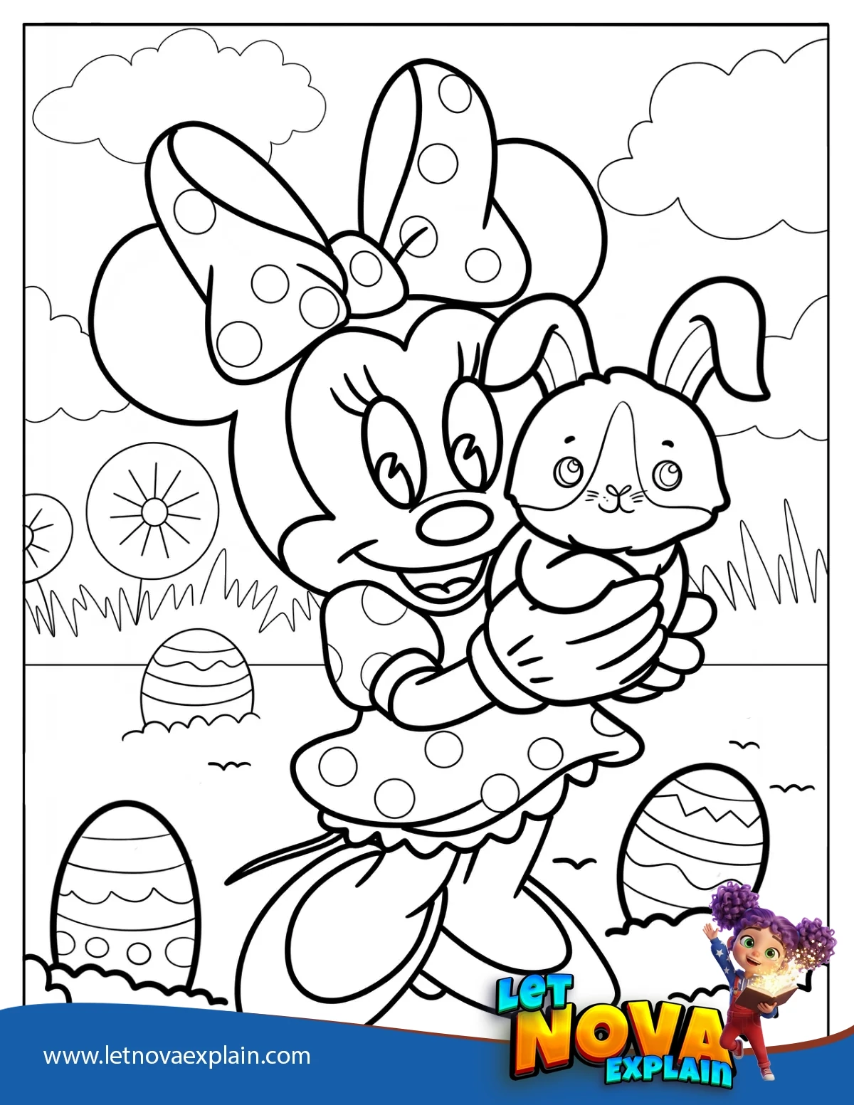 Adorable Baby Minnie Mouse With A Rabbit Coloring Sheet For Kids — PDF stampabile