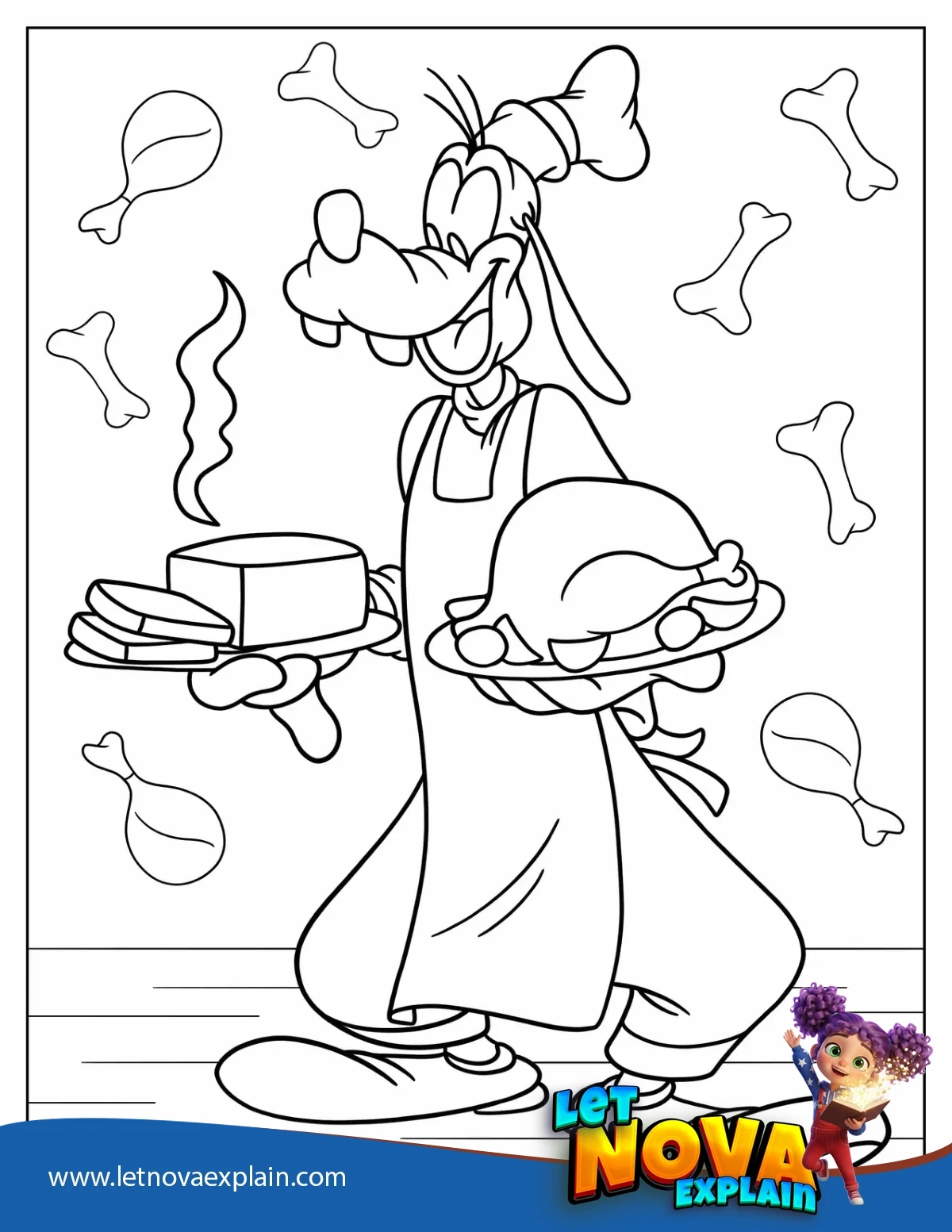 Chef Goofy Serving Bread And Turkey Coloring Page — PDF stampabile