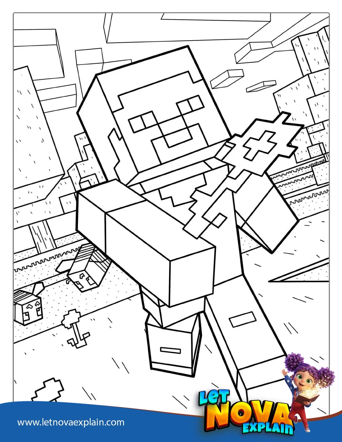 Detailed Coloring Page Of Minecraft Steve Holding Flower — Página para colorear