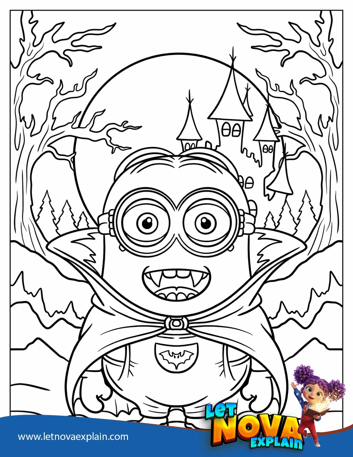 Vampire Minion With Cape In Haunted Forest Coloring Sheet — Coloring page