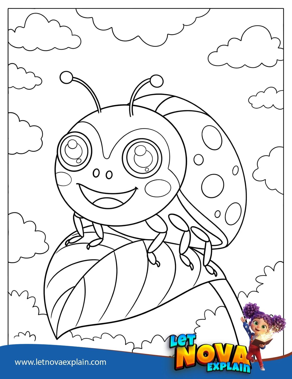 Cute Ladybug Sitting on a Leaf Coloring Page for Kids — Coloring page