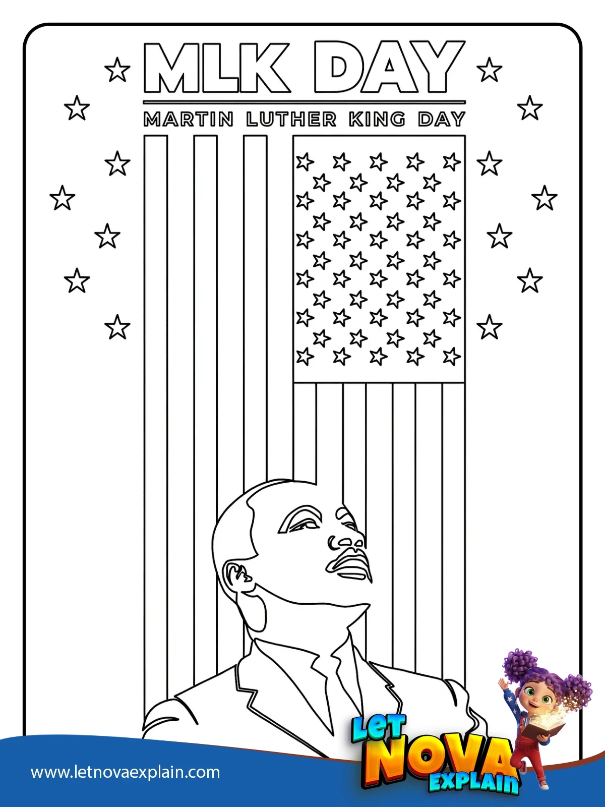 MLK Day Flag and Portrait coloring — Printable PDF