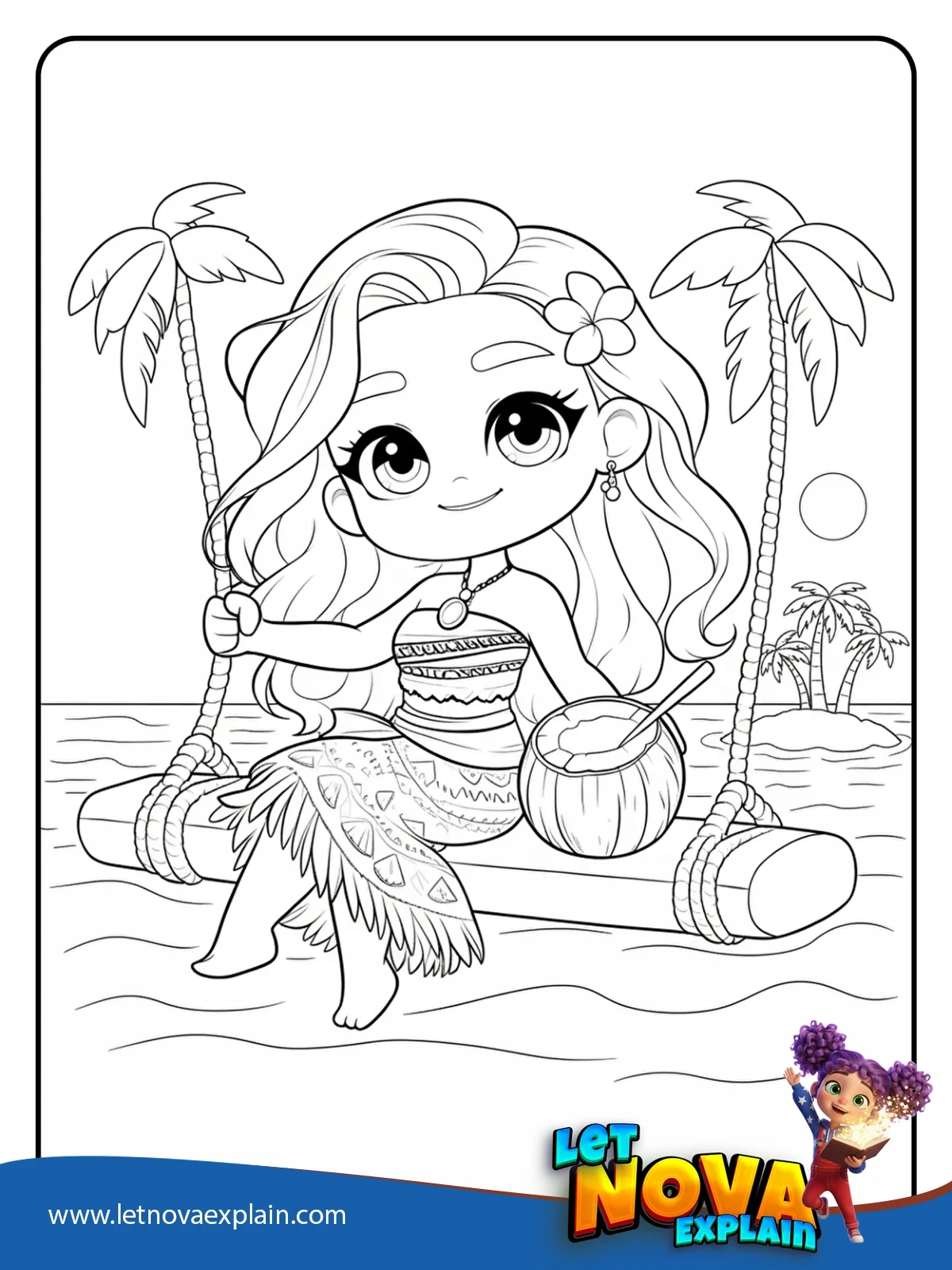 Moana on a Beach Swing coloring — Printable PDF