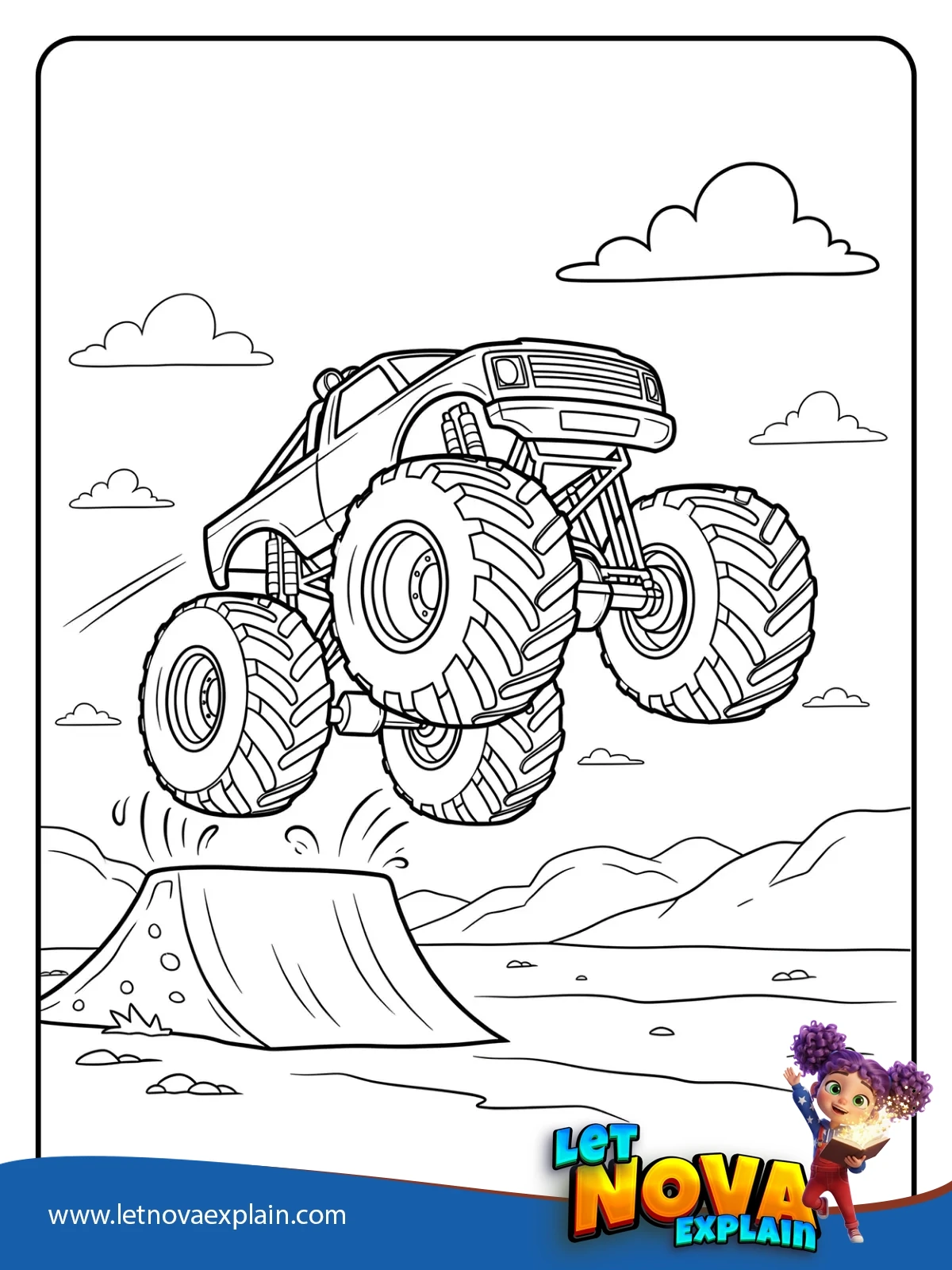 Monster Truck Jumping Over a Ramp coloring — PDF stampabile