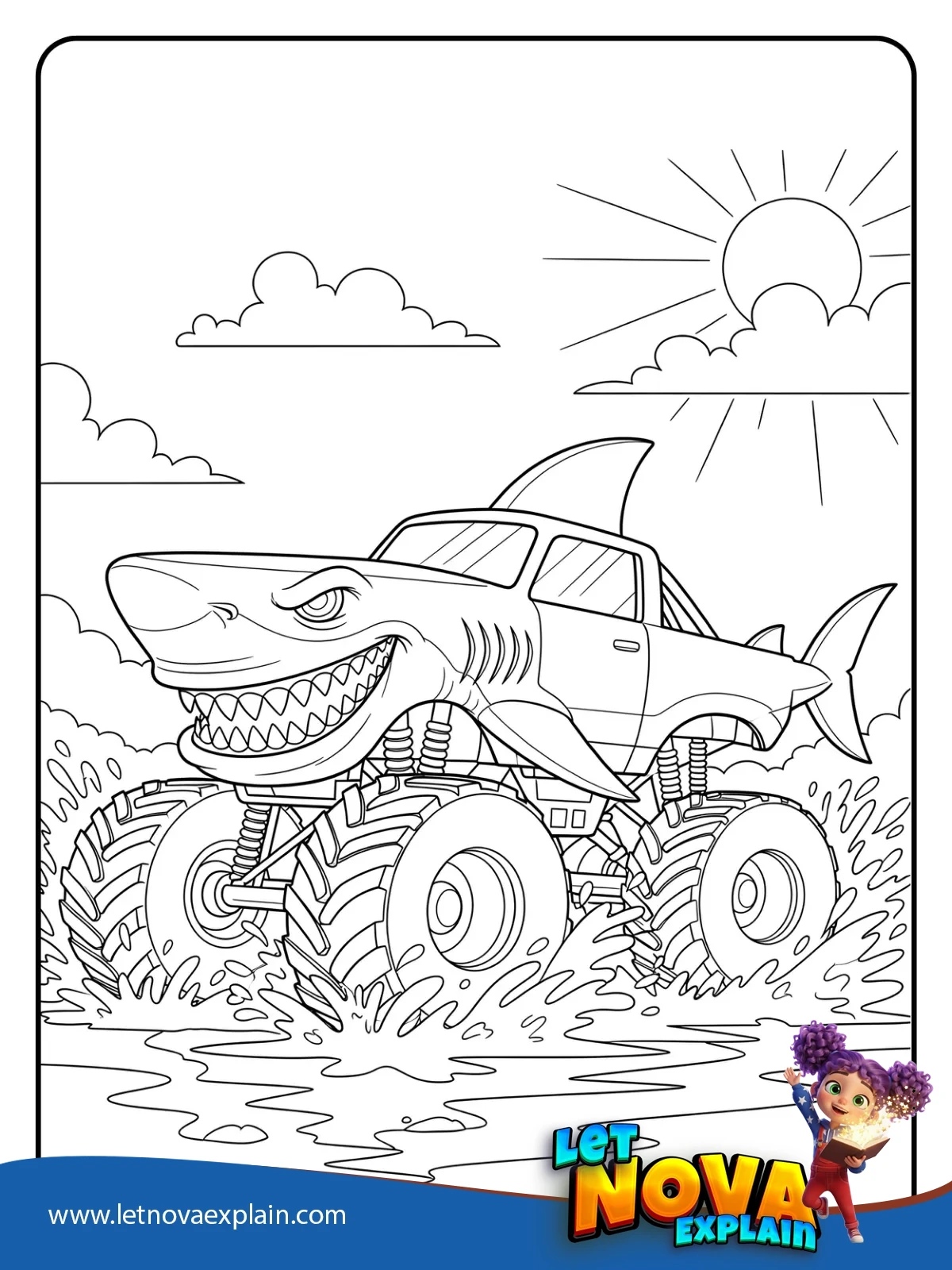 Shark Monster Truck Splash coloring — PDF stampabile
