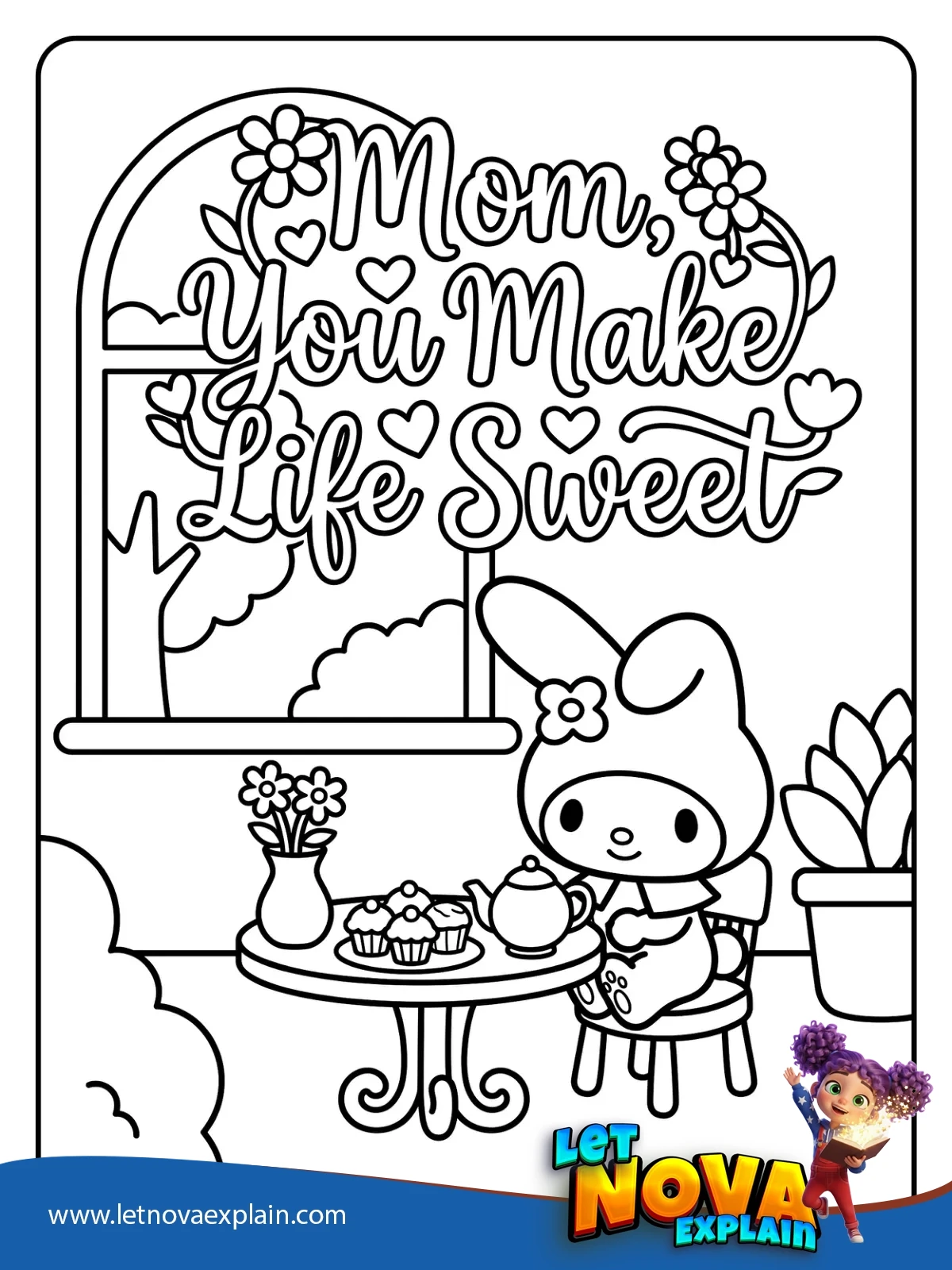My Melody Tea for Mom coloring — PDF stampabile