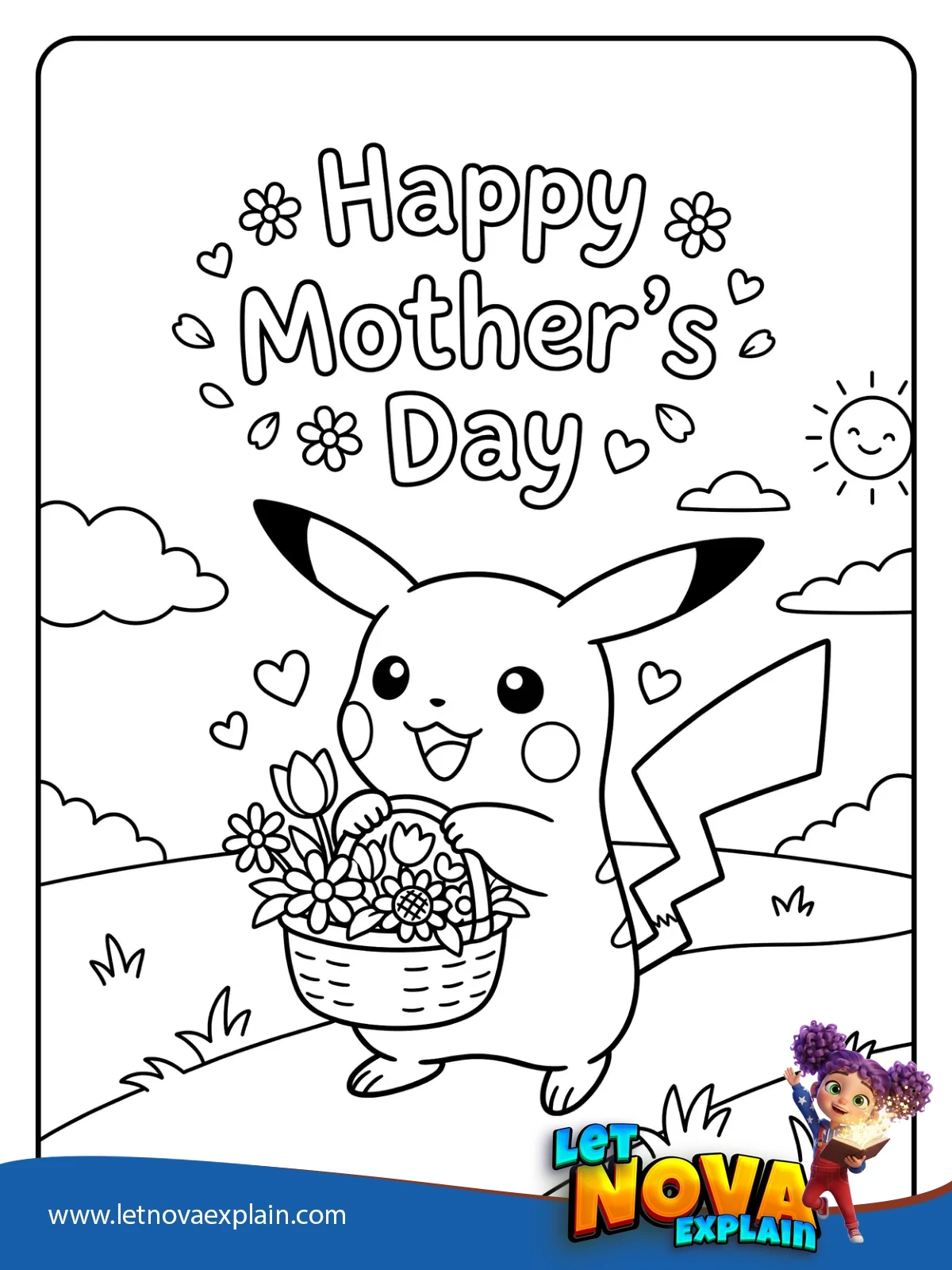 Pikachus Flower Basket coloring — PDF stampabile