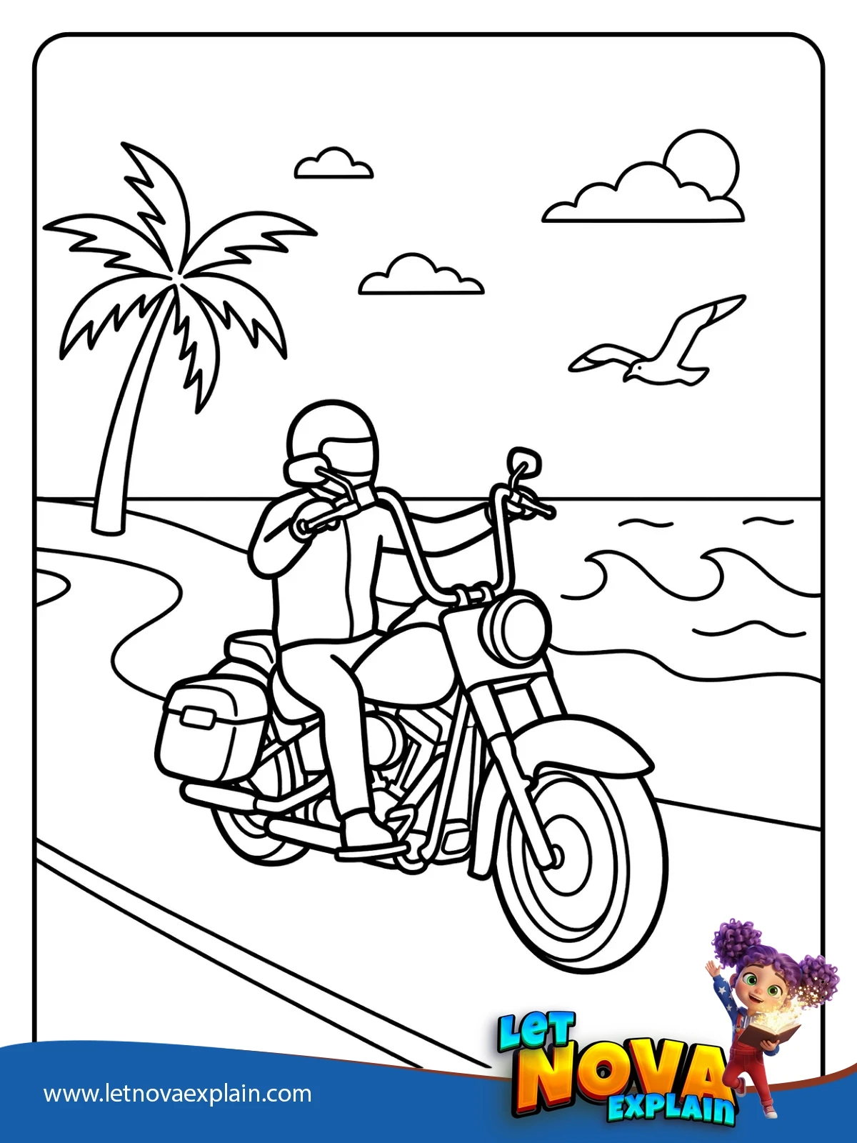 Cruiser Bike by the Beach Road coloring — PDF imprimable