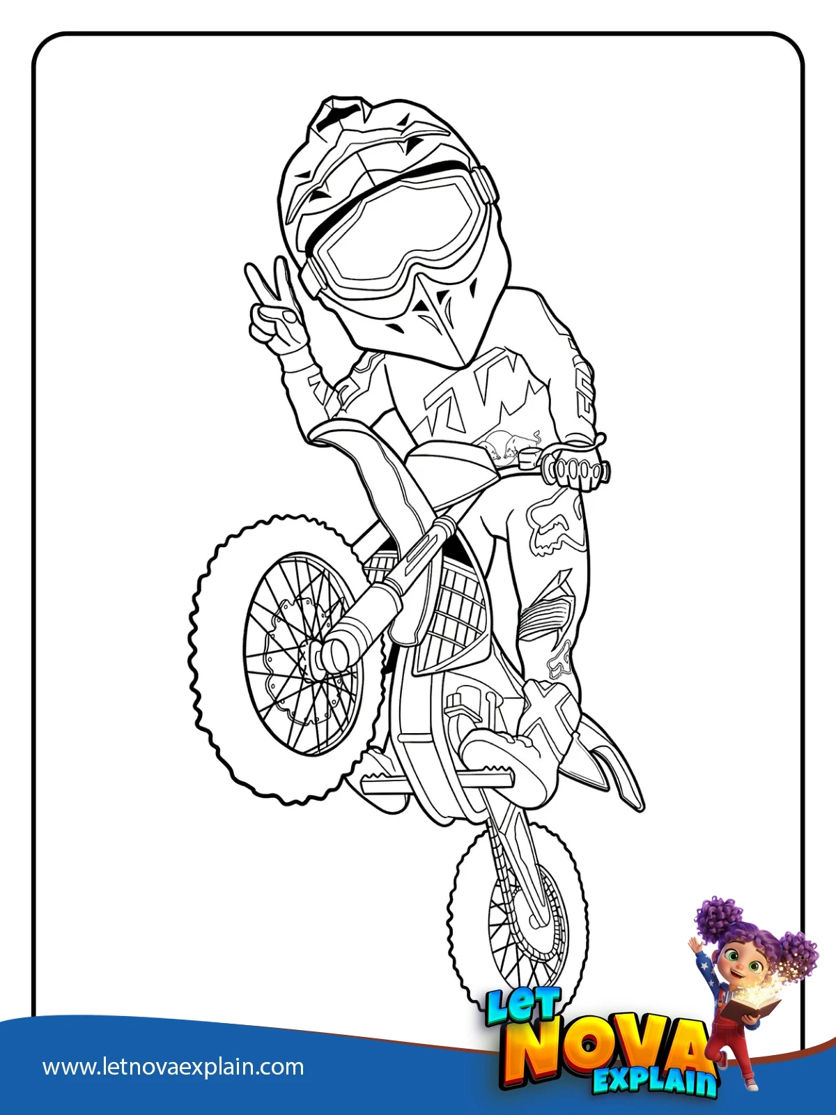 Cute Dirt Bike Wheelie Peace Sign coloring — PDF imprimable