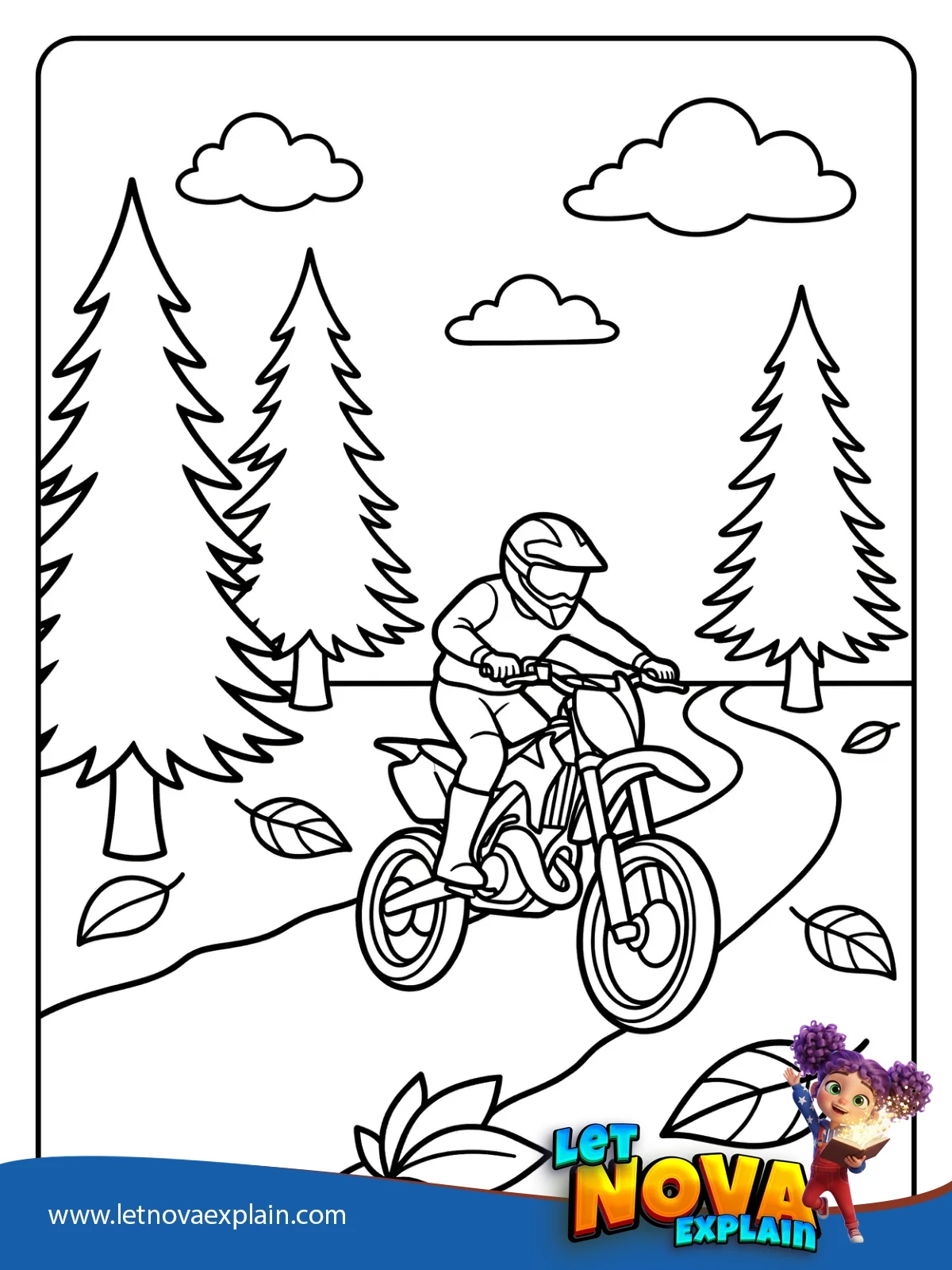 Dirt Bike on a Forest Trail coloring — PDF imprimable